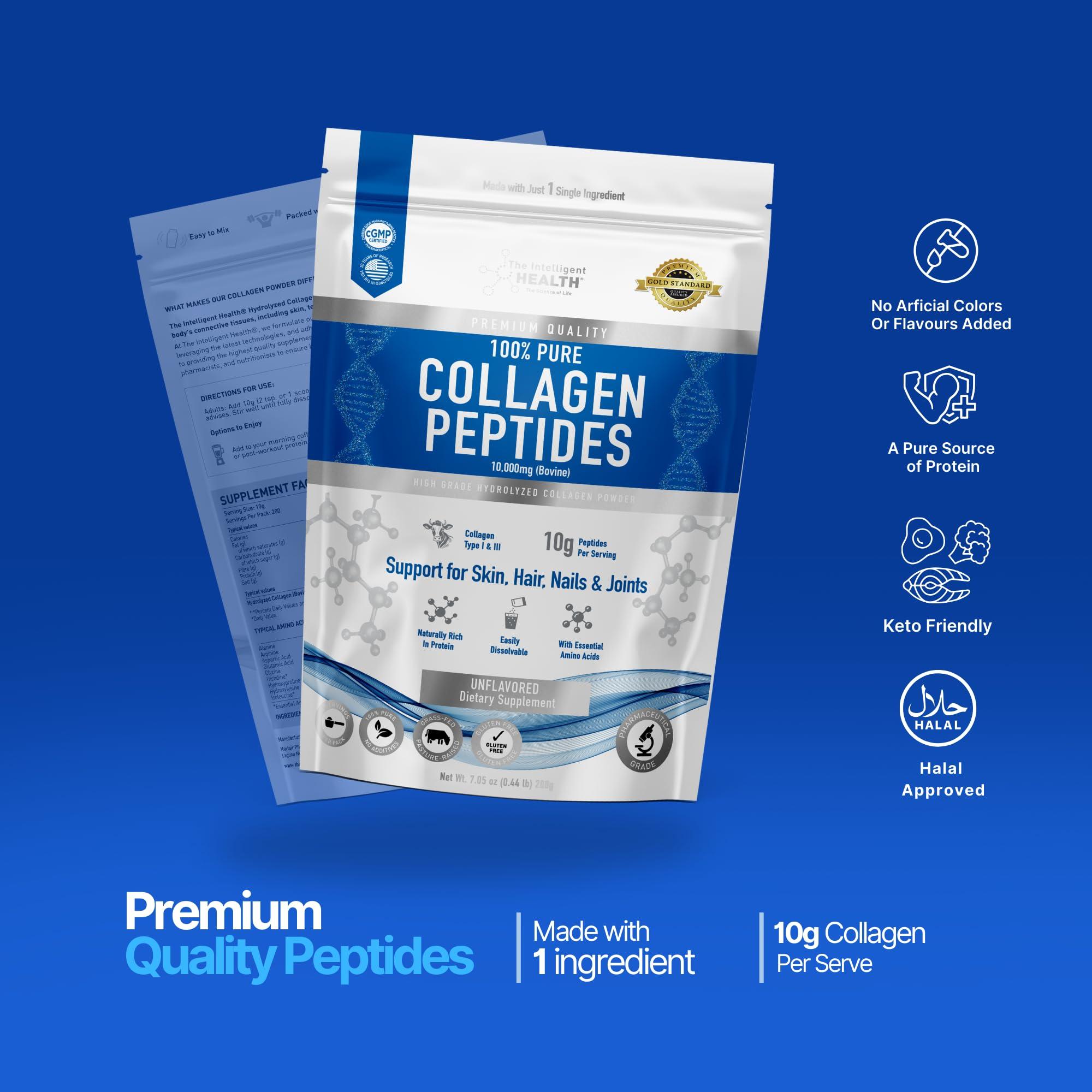 The Intelligent Health The Intelligent Health Hydrolyzed Collagen Peptides Powder, Grass Fed, High Protein, Unflavored, Gluten-Free, Paleo & Keto Friendly, 10g per Serving (200g) Supports Skin, Hair, Nails, Joints, & Bones