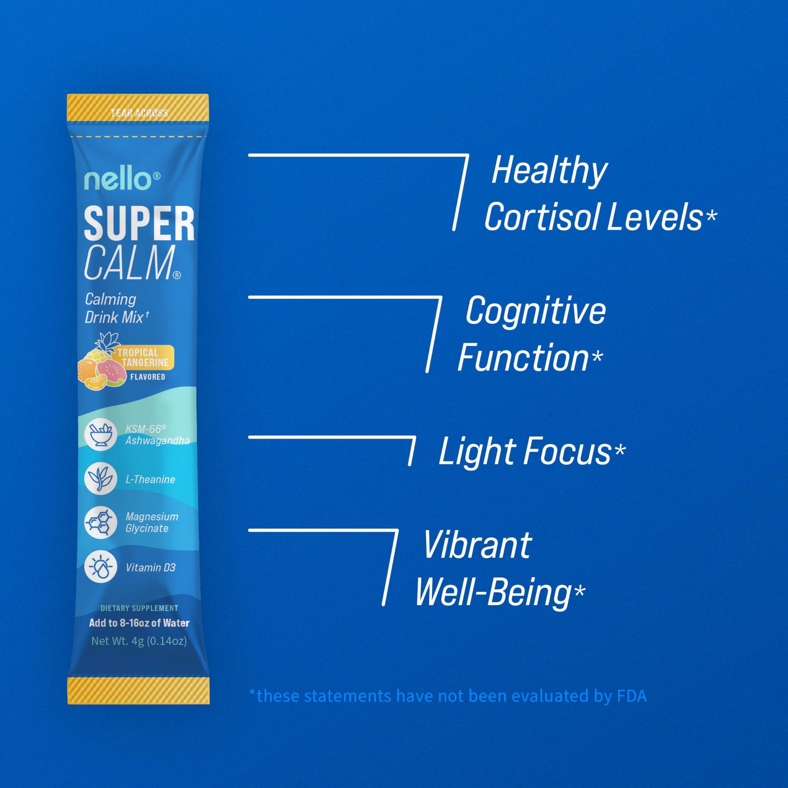 Nello Nello Supercalm Powdered Drink Mix, Tropical Tangerine, L Theanine, Ksm-66 Ashwagandha, Magnesium Glycinate, Vitamin D 3, Supplements for Relaxation & Focus, Natural, No Sugar, Non GMO, 20 Srvg