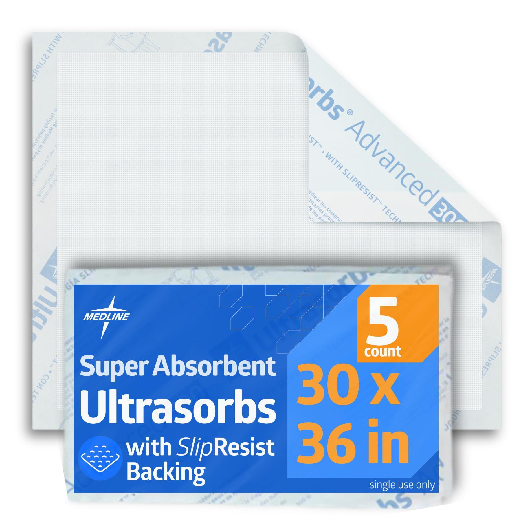 Medline Medline Ultrasorbs Drypads with SlipResist Technology, 30\" x 36\", 5 Count, Super Absorbent Disposable Bed Pads, Incontinence Bed Pads, Adult Bed Pads, 10x More Absorbent, Chucks For Adults, Elderly