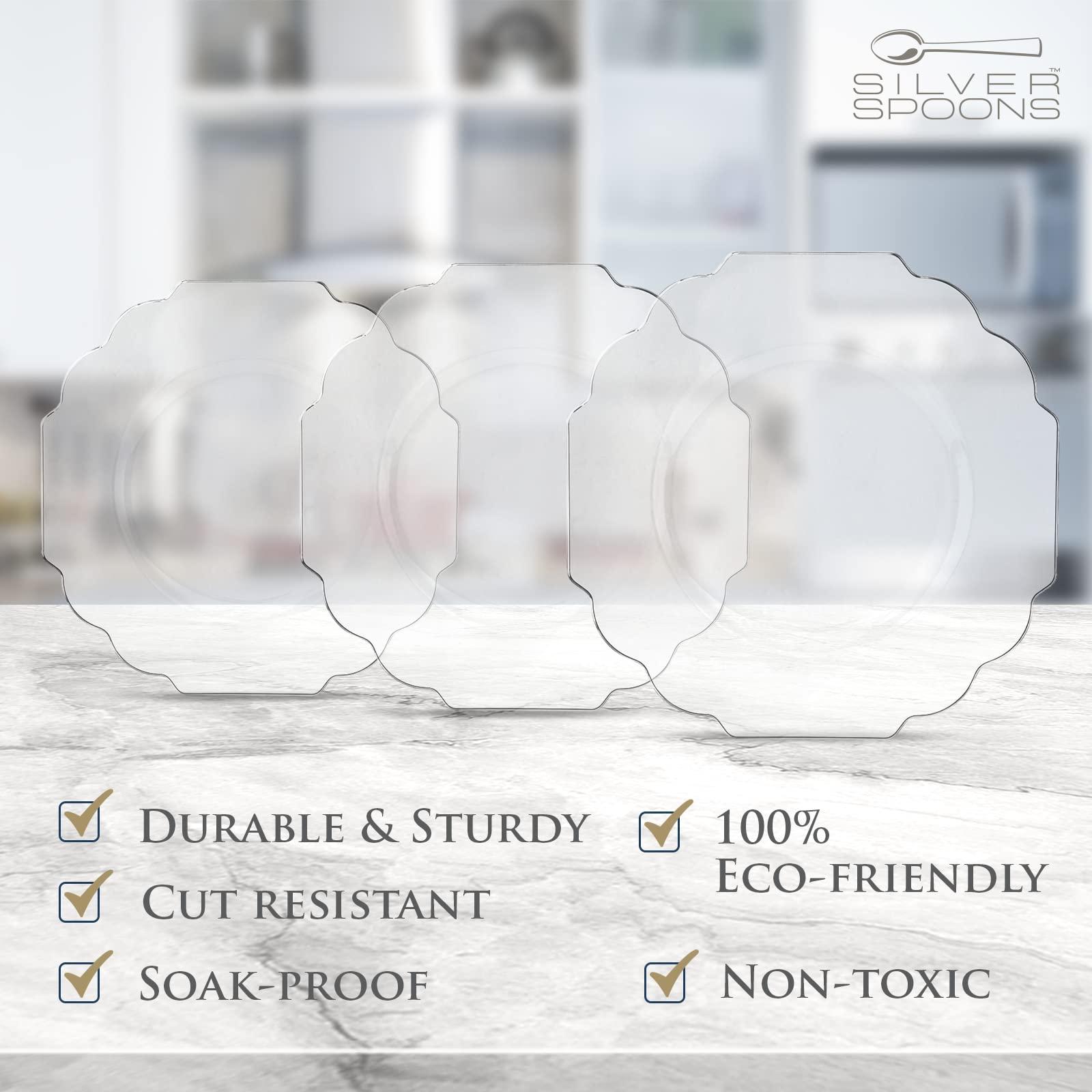 Silver Spoons SILVER SPOONS Elegant Disposable Plates For Party (10 pc) Heavy Duty Disposable Dessert plates 6.5, Fine Dining Plastic Dishes For Elegant China Look, Great Upscale Celebrations & Events, Clear