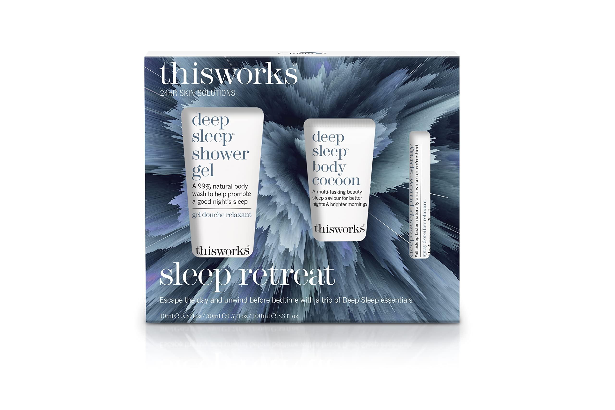 This Works thisworks Sleep Retreat Box Gift Set: Deep Sleep Pillow Spray, Body Moisturizer and Shower Gel. Travel set to Promote Sleep with Lavender, Camomile and Vetivert