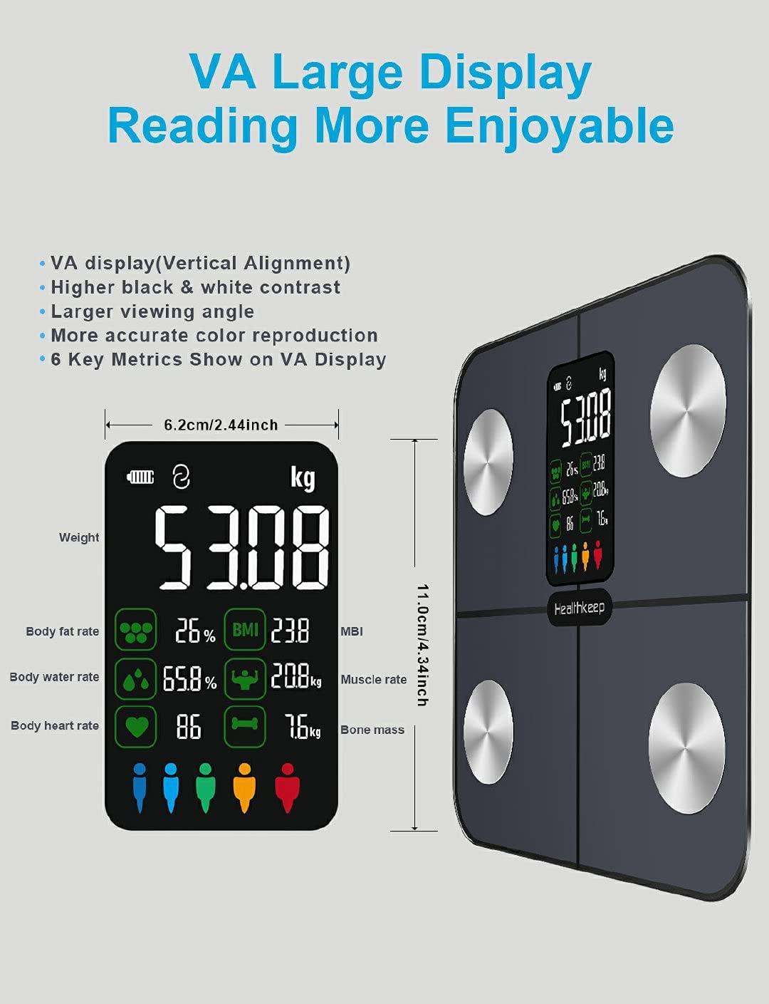 Healthkeep Digital Smart Body Weight Scale - Large Display Bathroom Fat Loss Scales High Accurate 15 Health Indicators Analyzer Fit Weighing Scale for BMI Heart Rate Home Gym Workout