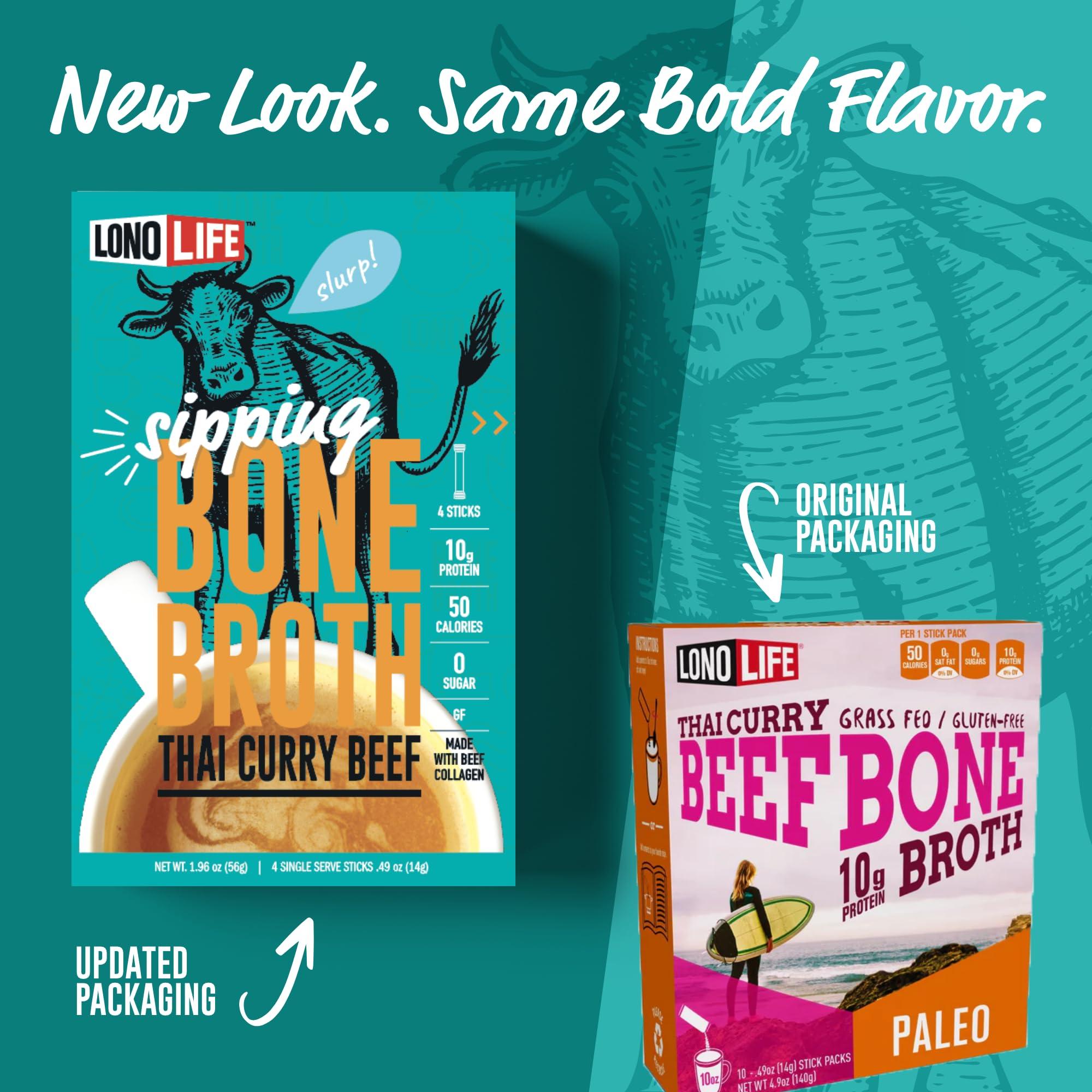 LONOLIFE LonoLife Thai Curry Beef Bone Broth Powder Mix | Grass-Fed, 10g Protein | Collagen-Rich, Keto & Paleo Friendly | Natural Ingredients | 4 Portable Stick Pack Servings