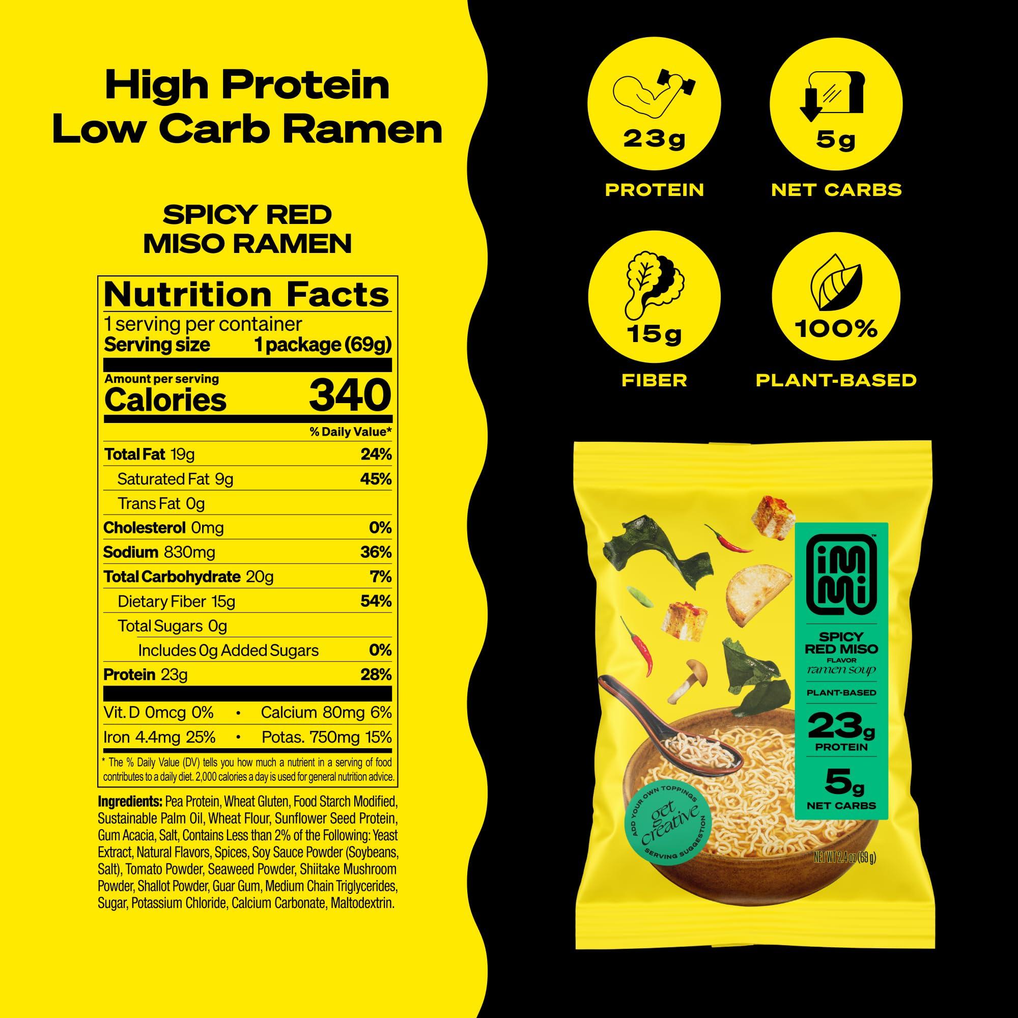 immi immi Spicy Red Miso Ramen, 100% Plant Based, Keto Friendly, Low Carb, High Protein, Packaged Noodle Meal Kit, Ready to Eat, 6 Pack