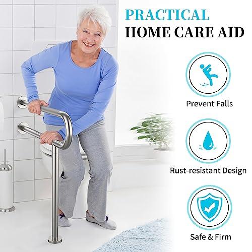 Munzong Toilet Support Rail 31.3X 31.5 Inch, Munzong Anti-Slip Satin Brushed Nickel Handicap Grab Bar for Bathroom, Stainless Steel Knurled Safety handrails with Leg for Elderly Disabled Pregnant-1.25Tube