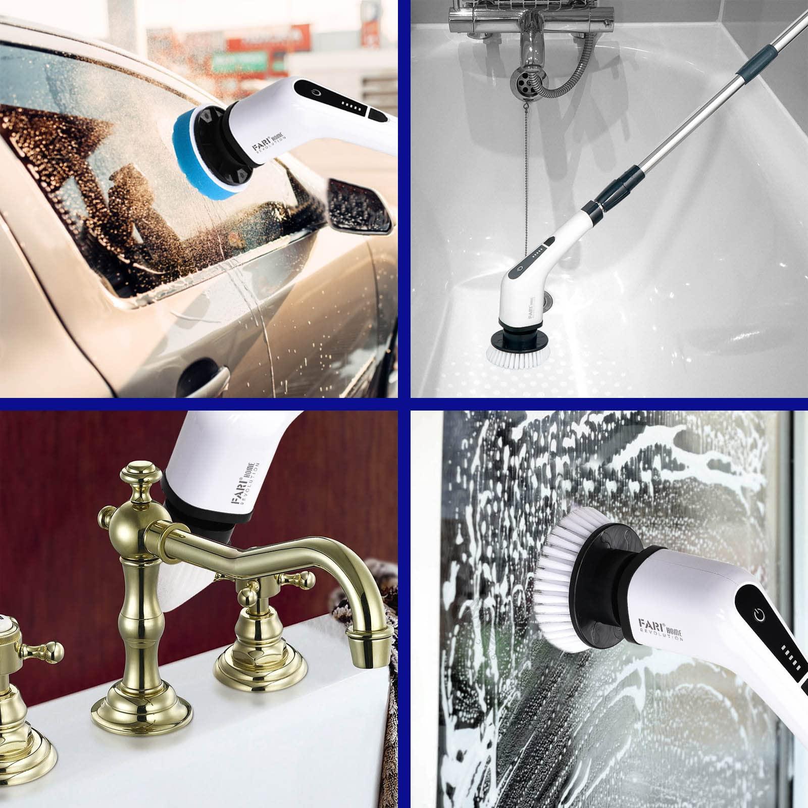 FARI Electric Spin Scrubber, FARI Cordless Cleaning Brush with 7 Replaceable Brush Heads, Tub and Floor Tile 360 Power Scrubber Mop with Adjustable Handle for Bathroom Kitchen Car (White)
