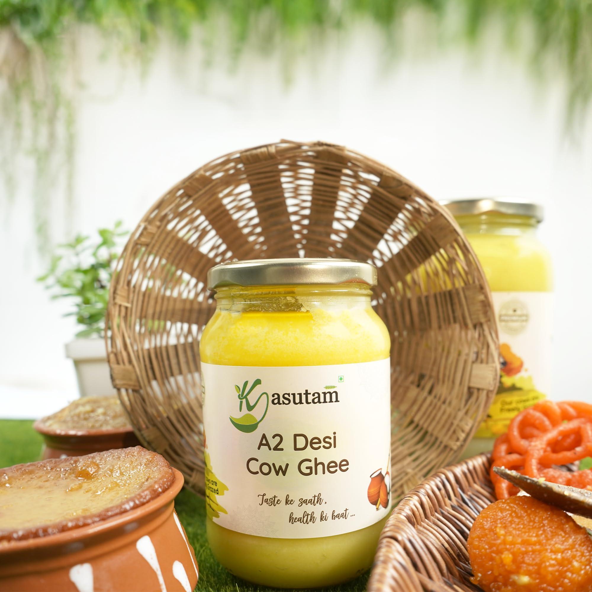 Kasutam Kasutam A2 Desi Cow Bilona Ghee Made By Traditional Vedic Bilona Method Made In Earthen Pot & Hand Churned Free Grazing Grass Fed Cow Ghee Immunity Booster Glass Jar- 1000 Ml