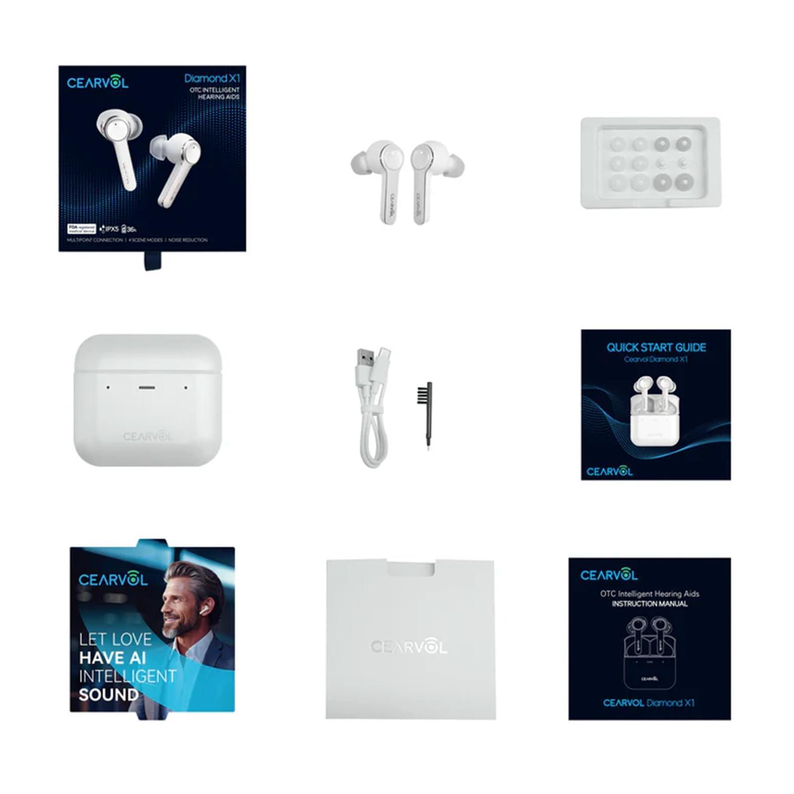 Cearvol Cearvol Diamond X1 OTC Hearing Aids with Bluetooth Customizable App Hearing Test, Streaming Ability, Directional Sound Collection, for Mild to Moderate Hearing Loss, White