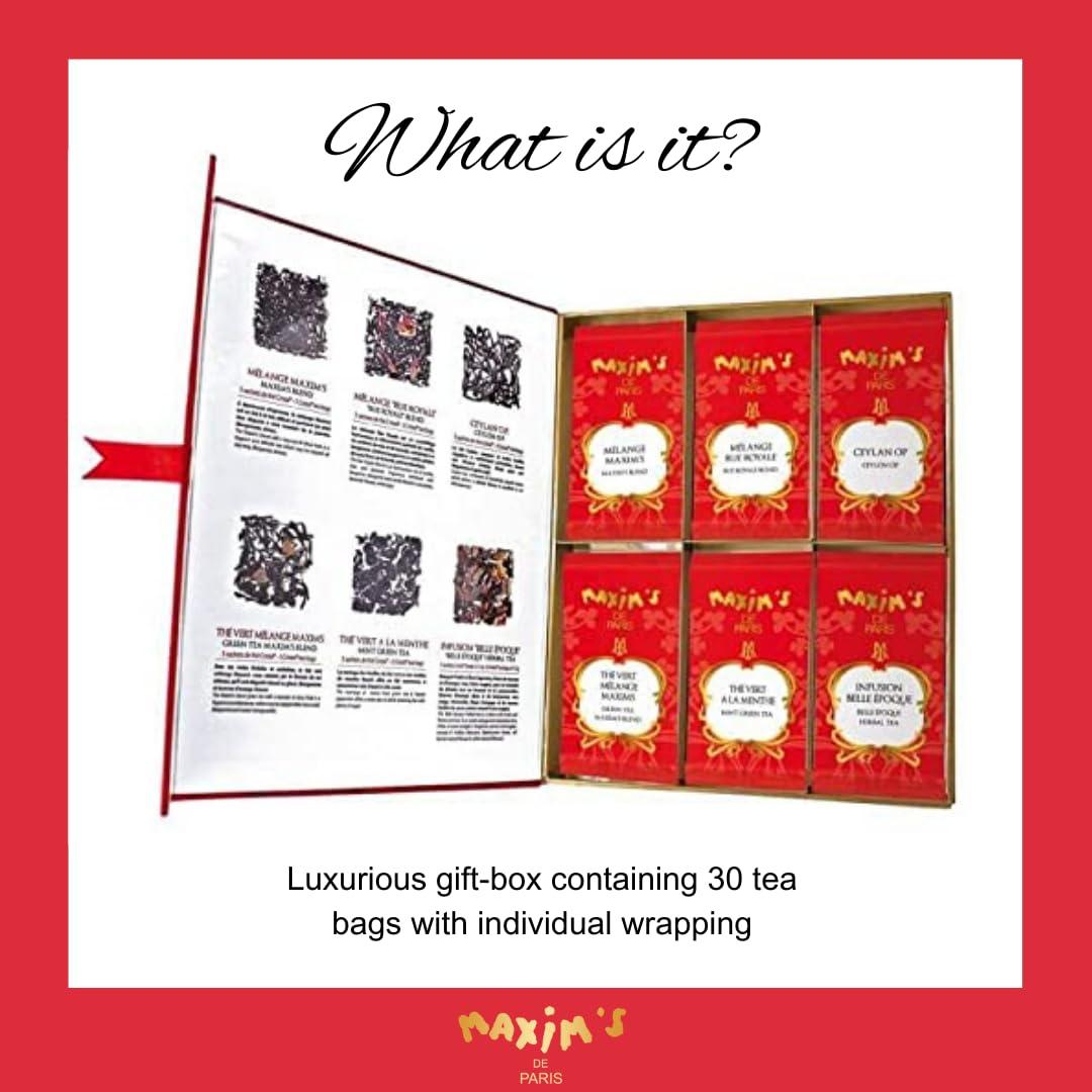 MAXIM\'S DE PARIS Maxim\'s De Paris Gift Box Tea Sampler - French Iconic Brand - 30 Tea Bags - Assortment of 6 Gourmet Teas - Individual Wrapping for Freshness - Ready to Gift Box - Gift for Tea Lovers or Francophile