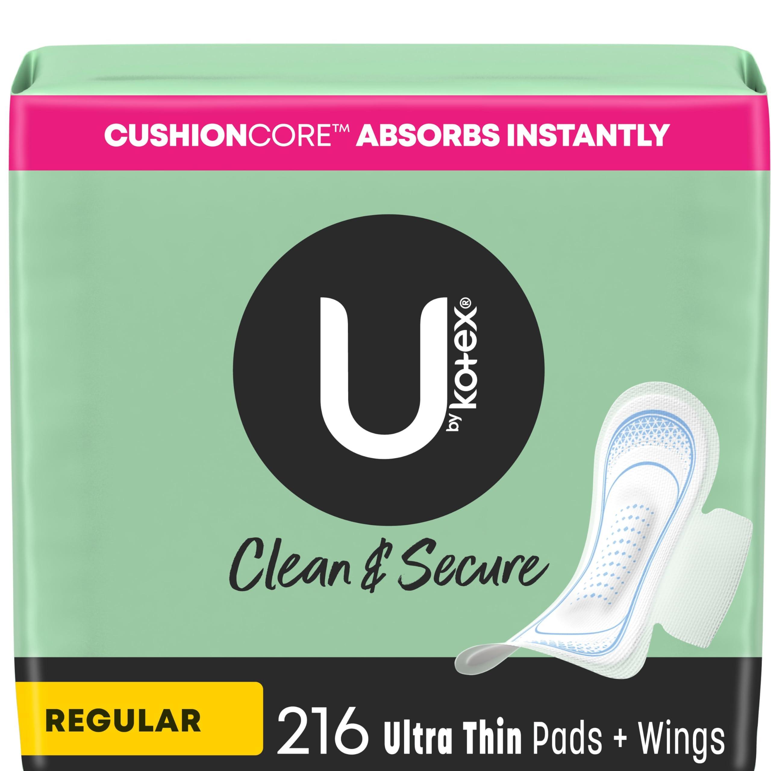 U by Kotex U by Kotex Clean & Secure Ultra Thin Pads with Wings, Regular Absorbency, 216 Count (6 Packs of 36) (Packaging May Vary)
