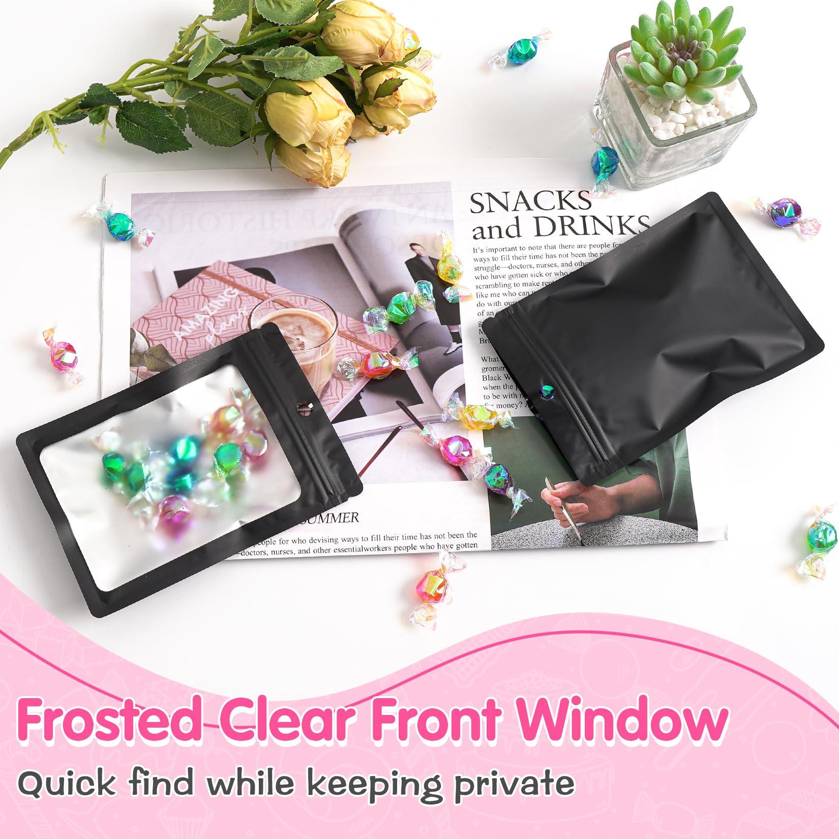 FUNFERY FUNFERY 100 Pack Mylar Resealable Bags Foil Packaging Bags with Clear Window,Zipper Pouch Smell Proof Bags for Food Storage,Cookies,Sample,Small Business(Black,3.5x6.3inch)