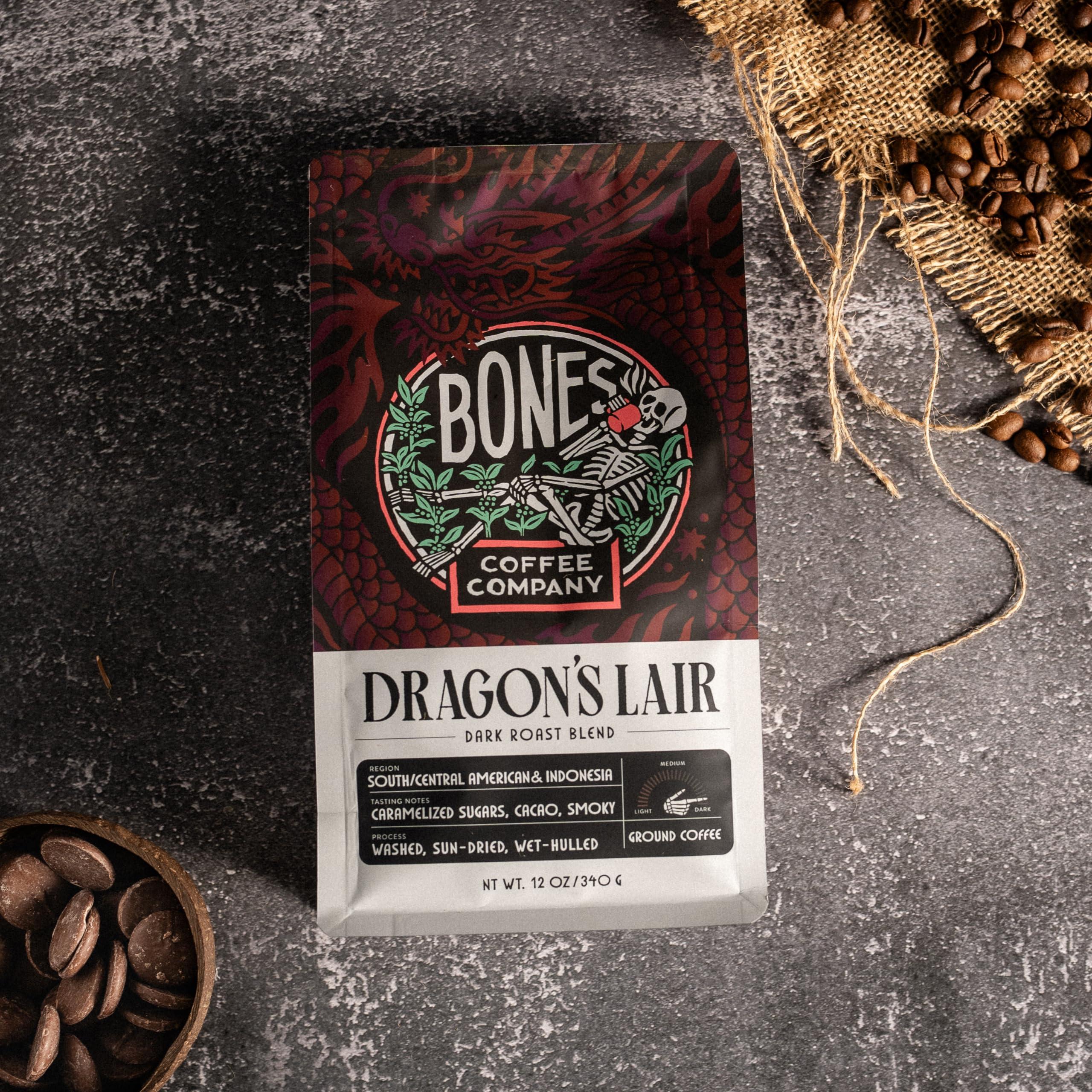 Bones Coffee Company Bones Coffee Company Dragon\'s Lair Flavored Coffee Beans, Whole Bean Coffee Dark Roast Low Acid (12 oz)