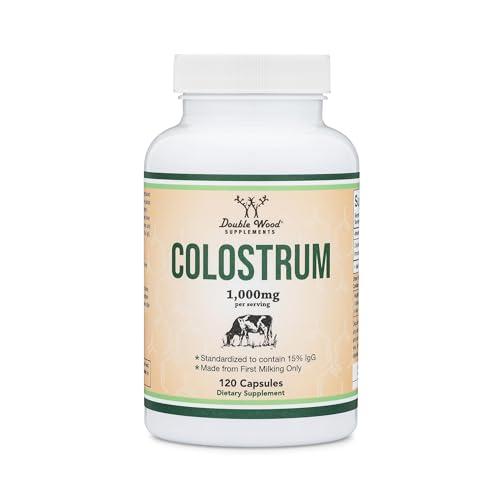 Double Wood Supplements Colostrum Supplement 120 Capsules, 1,000mg per Serving (Bovine Colostrum Powder from First Milking Only, Std. to Contain 15% IgG Immunoglobulins) No Fillers, Third Party Tested by Double Wood