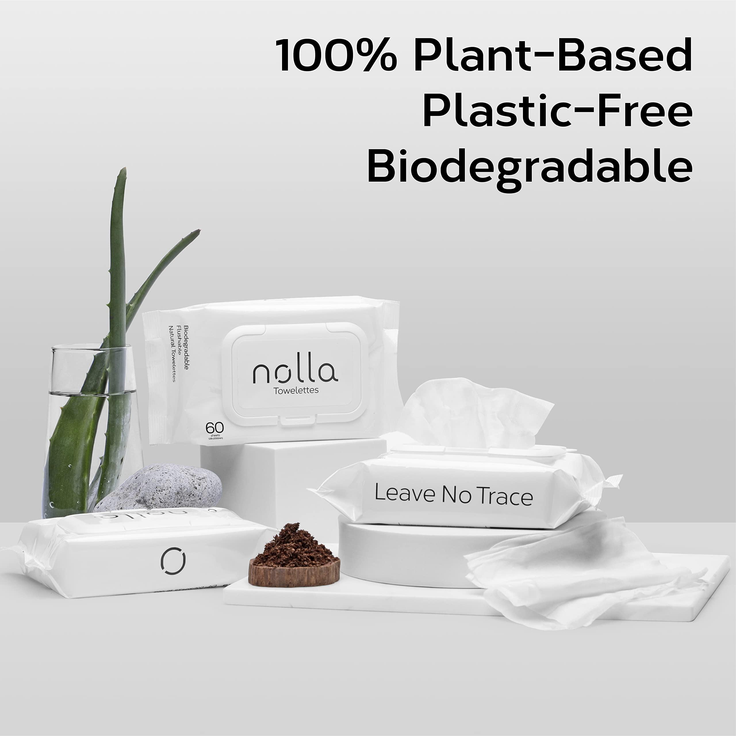 Nolla Nolla Flushable Wipes | 100% Plant-Based and Biodegradable - Soft, Unscented + Soothing Aloe and Vitamin E - For Adults and Kids 600 Count (10 Packs of 60)