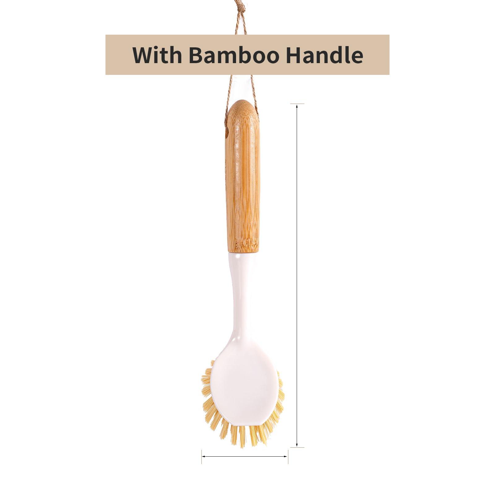 TEZZ Kitchen Dish & Cast Iron Brush with Scraper, [2 Pack] Skillet Scrub Cleaner with Handle, Kitchen Cleaning Scrubber for Dishes, Pots, Cast Iron Skillet, Non-Stick Frying Pans, Sinks and House Cleaning