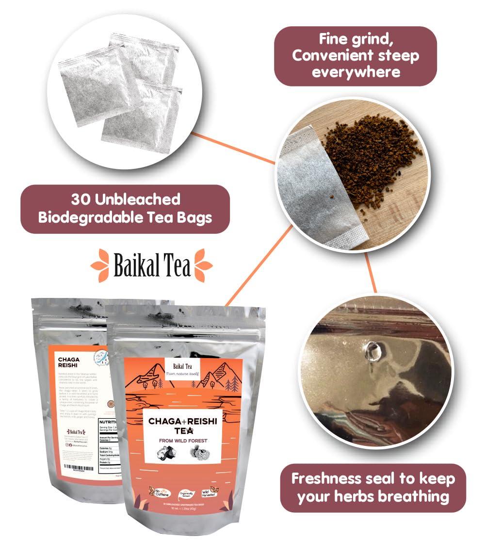 Baikal Tea Baikal Tea Chaga Reishi Tea Wild Chaga Tea with Reishi - 30 Unbleached Tea Bags - Ganoderma Lingzhi Mushroom Supplement Tea with Wild Chaga