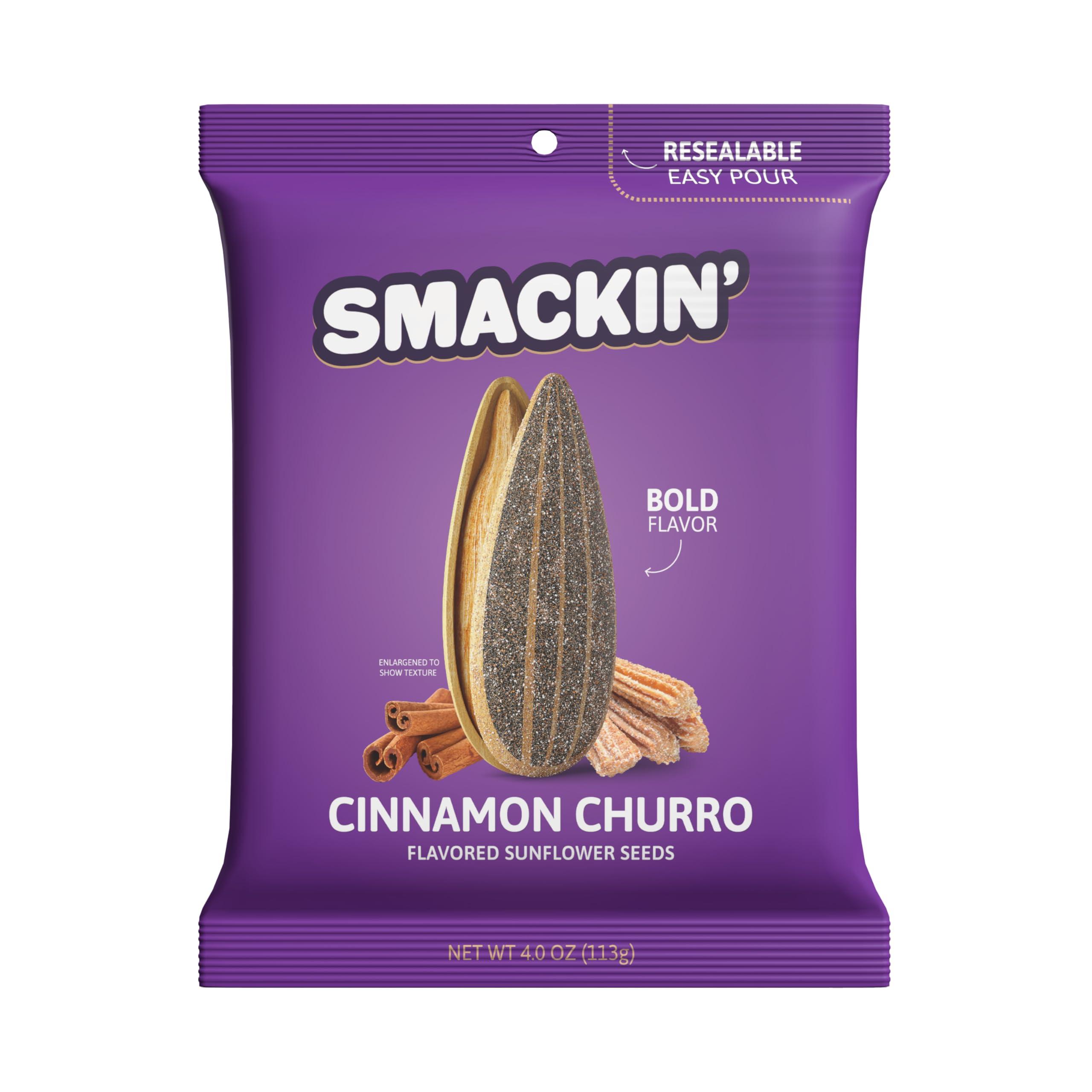 SMACKIN\' Sunflower Seeds SMACKIN\' Sunflower Seeds, Roasted Jumbo Small-Batch, American Made - Cinnamon Churro. 4oz bags (12 Pack)