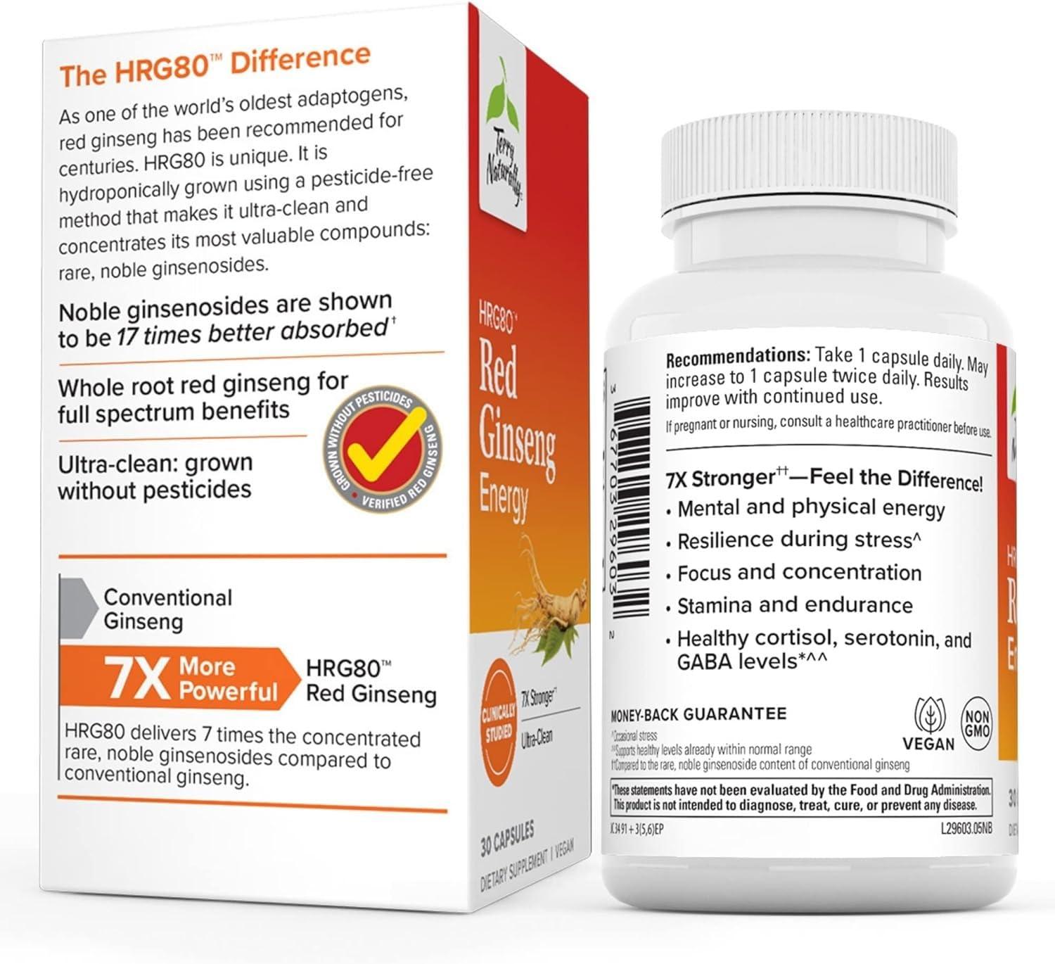 Terry Naturally Terry Naturally HRG80 Red Ginseng Energy - 30 Capsules - Red Ginseng Root Powder, Panax Ginseng, HRG80 - Non-GMO, Vegan, Gluten Free 30 Servings