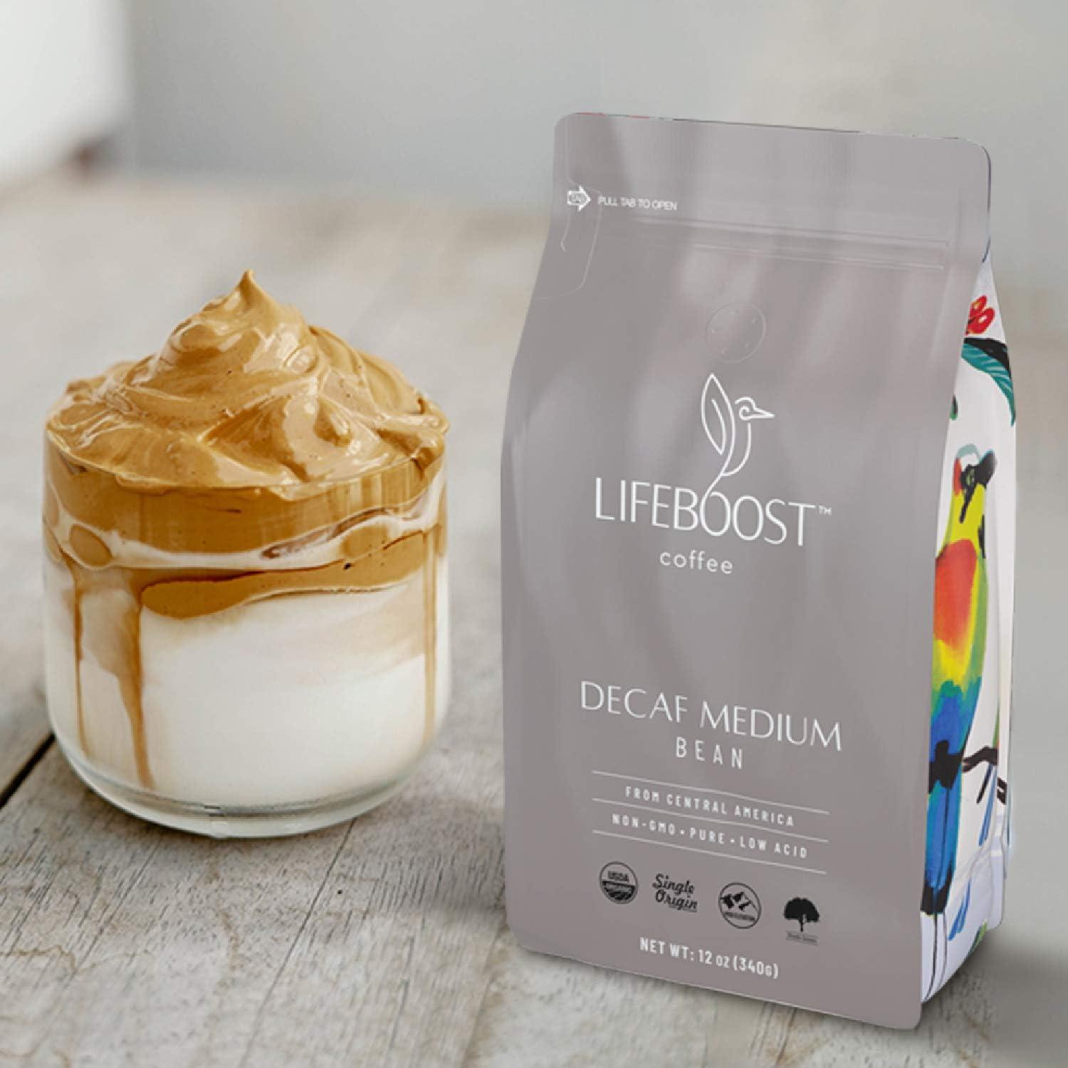 LIFEBOOST Lifeboost Coffee Medium Decaf Coffee Beans - Swiss Water Decaf Coffee - Low Acid Organic Decaf Coffee Beans - Third Party Tested For Mycotoxins & Pesticides - Whole Bean - 12 Ounces