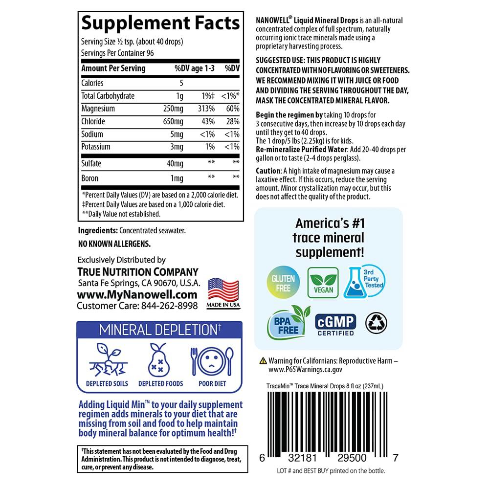 NANOWELL Liquid Mineral Drops - Trace Mineral Supplement | Full Spectrum Minerals | Ionic Liquid Magnesium, Chloride, Potassium | Low Sodium | Energy, Electrolytes, Hydration | 96 Day Supply, 8 fl oz