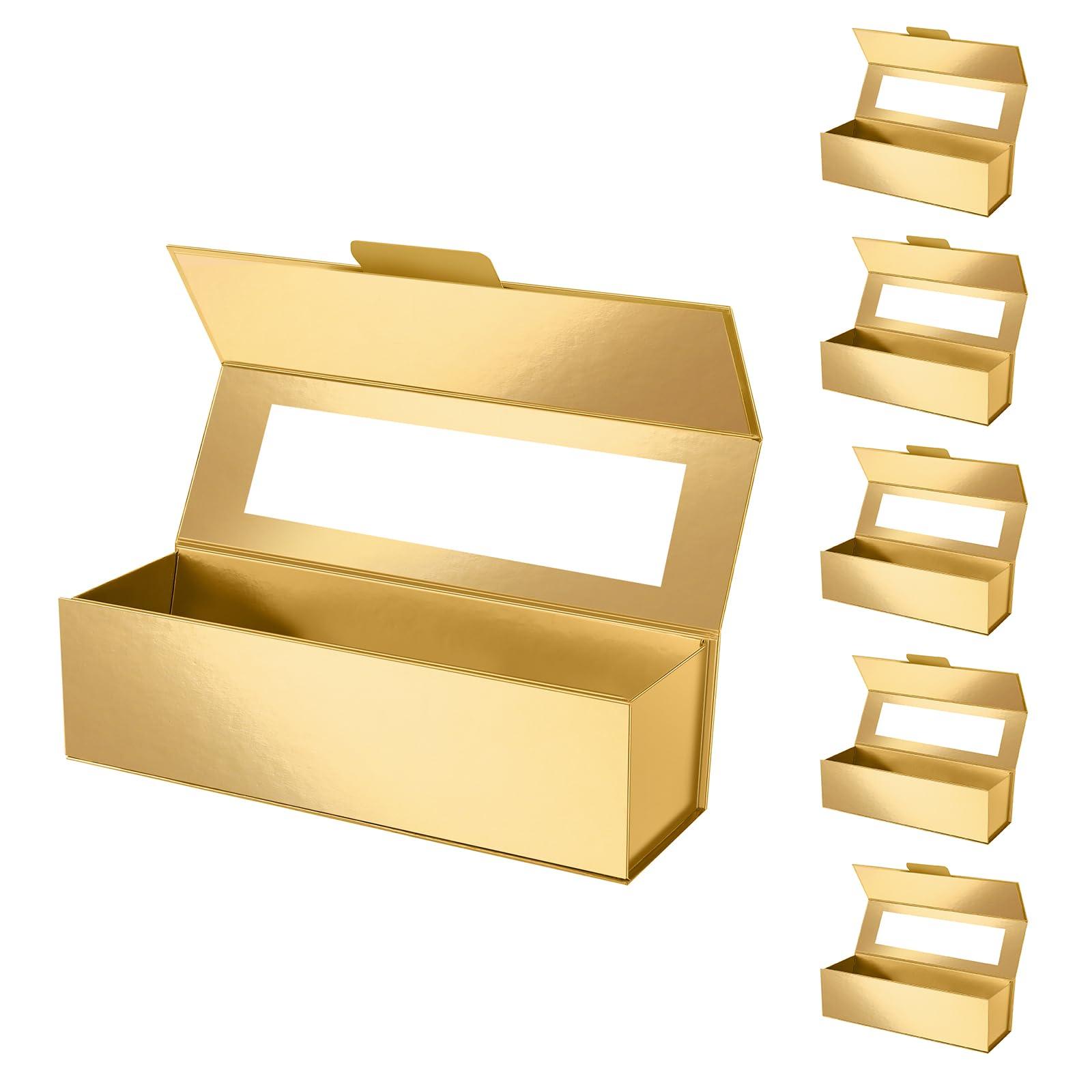 PACKQUEEN PACKQUEEN 6 Wine Gift Boxes with Window, 13.5x4.5x4 Inches Gold Bottle Gift Boxes for Liquor and Champagne, Reusable Collapsible for Christmas Wedding Anniversary Festivals Party Present (Glossy Gold)