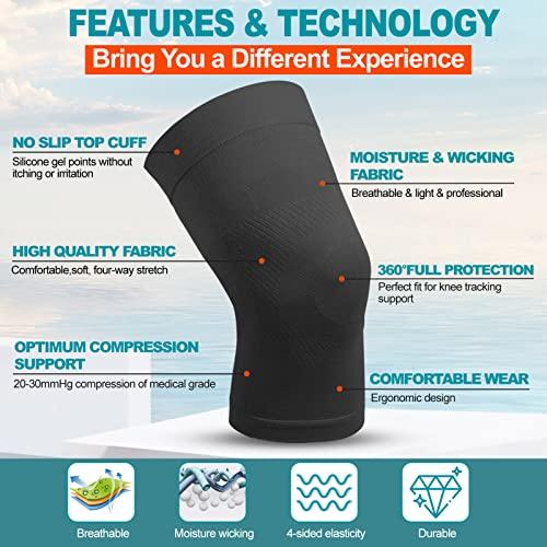 MGANG Knee Compression Sleeves, 1 Pair, Can Be Worn Under Pants, 20-30mmHg Strong Support Knee Brace for Unisex, Knee Support for Meniscus Tear, Arthritis, Pain Relief, Injury Recovery, Daily Wear, Black L