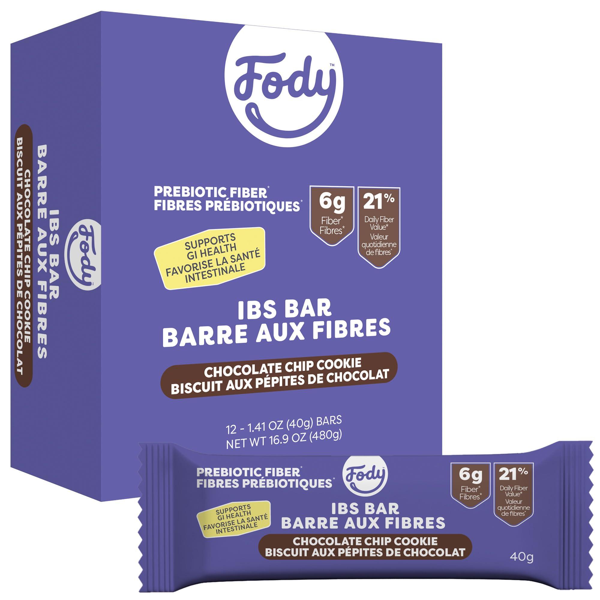 Fody Fody Foods IBS Bar | Chocolate Chip Cookie | Low Fodmap Snack | Supports GI Health | 6 Grams Prebiotic Fiber | Gluten & Lactose Free, Vegan | Pack of 12