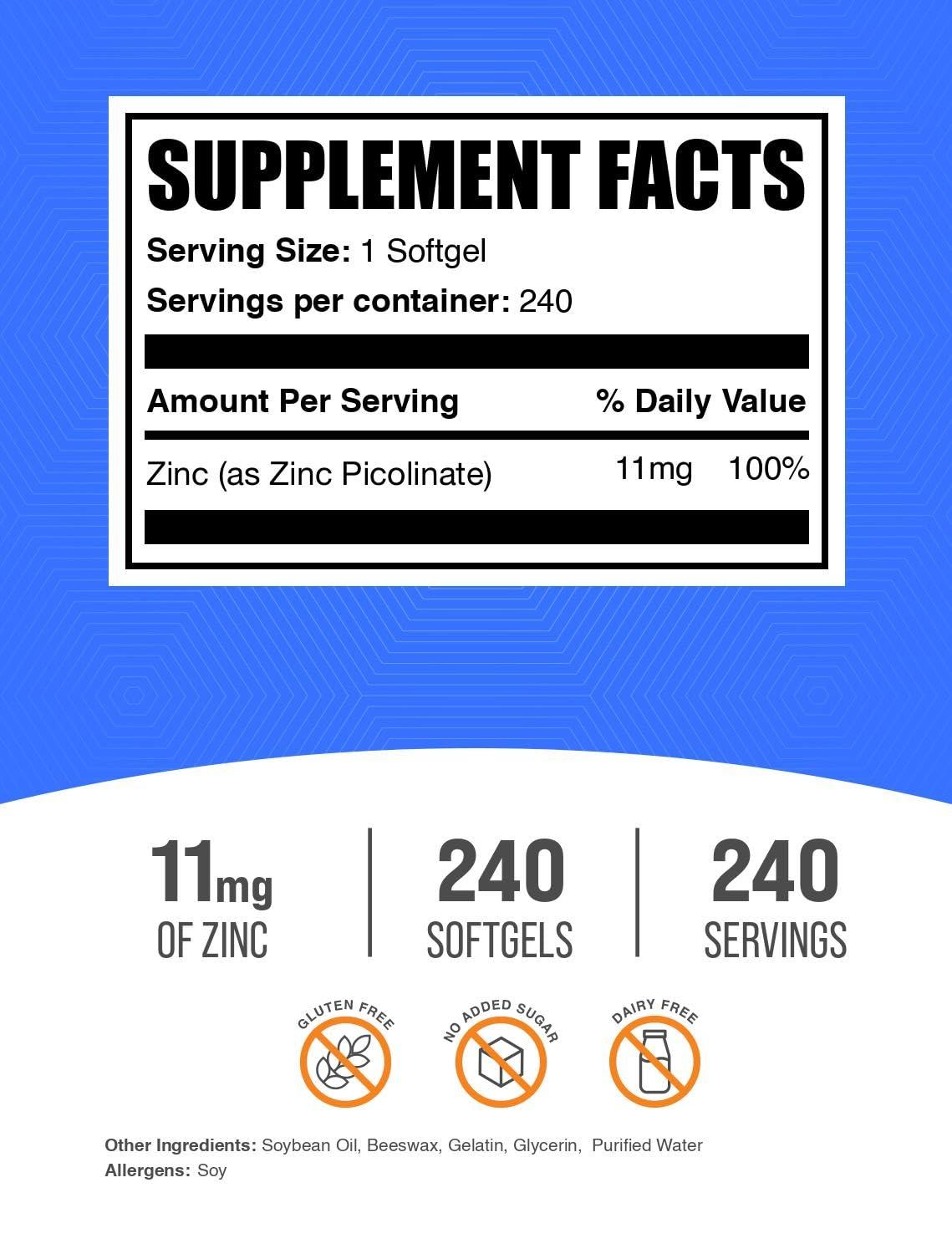 BULKSUPPLEMENTS.COM BulkSupplements.com Zinc Picolinate Softgels - Zinc Supplements, Zinc 11mg, Zinc Softgels - for Immune Support, Gluten Free - 1 Softgel per Serving, 240 Count (Pack of 1)