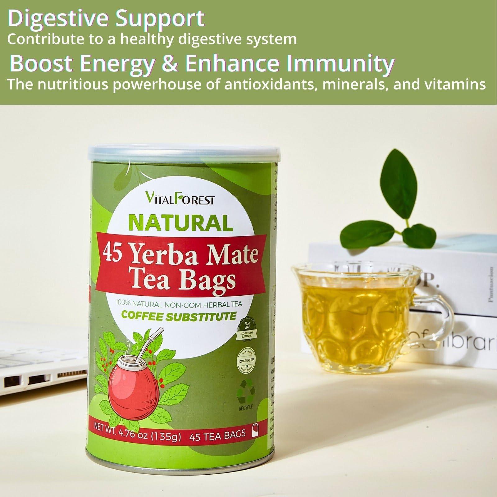 VitalForest 45 Yerba Mate Tea Bags, VitalForest Unsmoked Yerba Mate Argentina, Energy Burst Yerba Tea, NO Dust, NO Stems, from Rainforest, Rich In Antioxidants