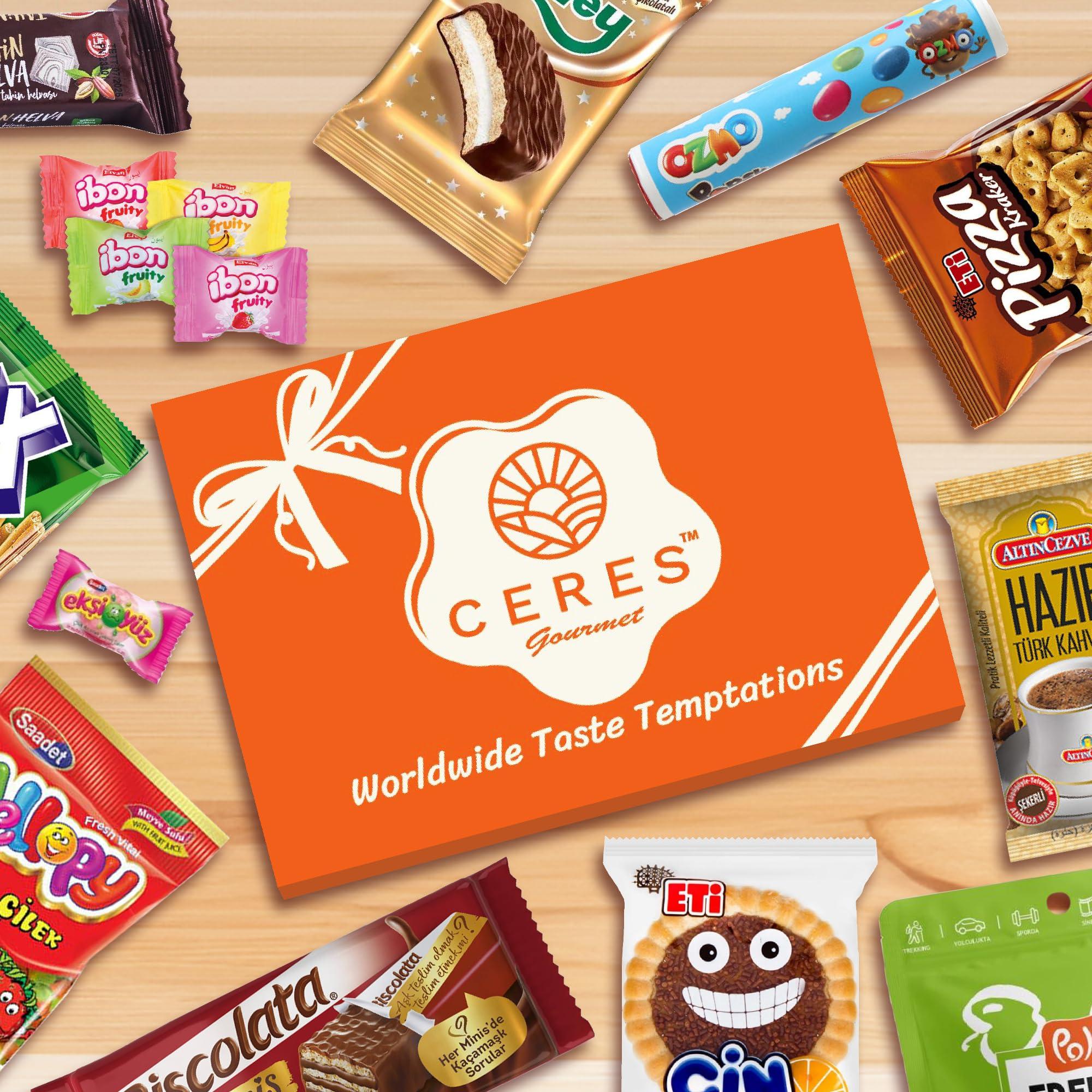 Ceres Gourmet International Snack Box Variety Pack, 12 Different Snacks with 15+ Pieces Count Premium Foreign Rare Snacks and Candies, Sweet & Sour Candy Pack for Christmas Thanksgiving or More