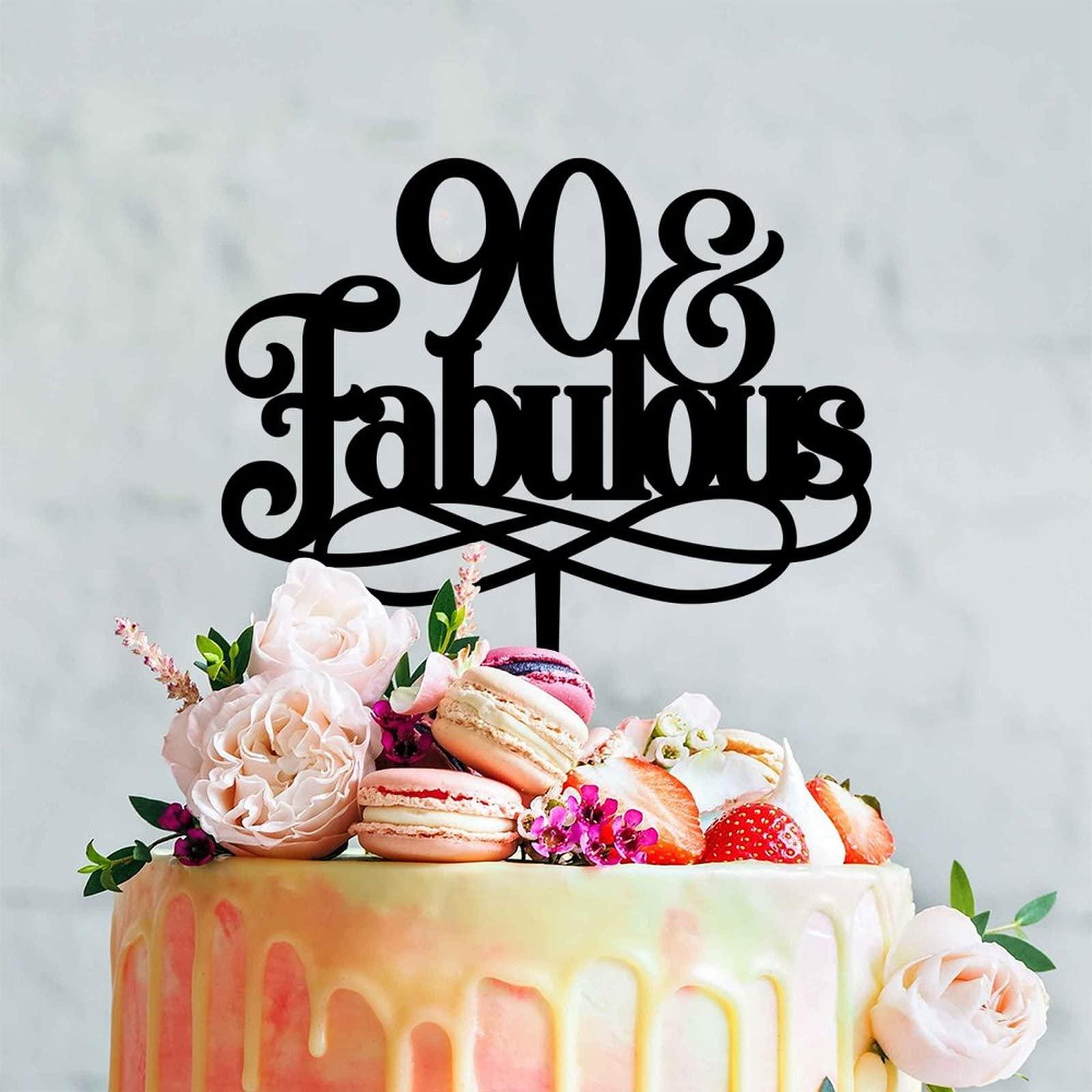 WengBeauty 90 & Fabulous Cake Toppers Black Acrylic 90th Birthday Party Decoration Ideas Happy Birthday Cake Topper Personalized Age Birthday Cake Topper Birthday Anniversary Party Decorations