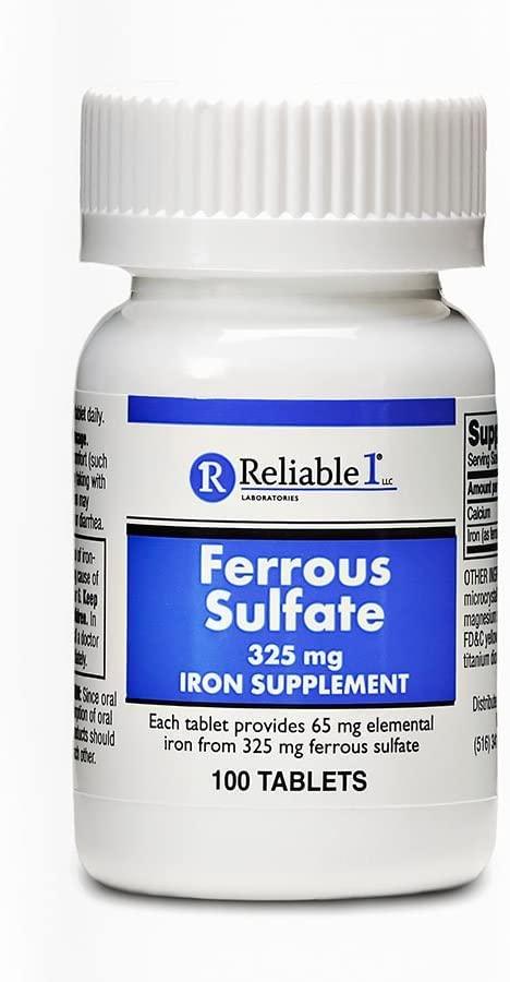 Reliable-1 Laboratories Iron Supplement Ferrous Sulfate 325mg by Reliable 1 | Iron Pills for Women and Men | Iron Supplements for Anemia and Iron Deficiency | 100 Iron Tablets per Bottle