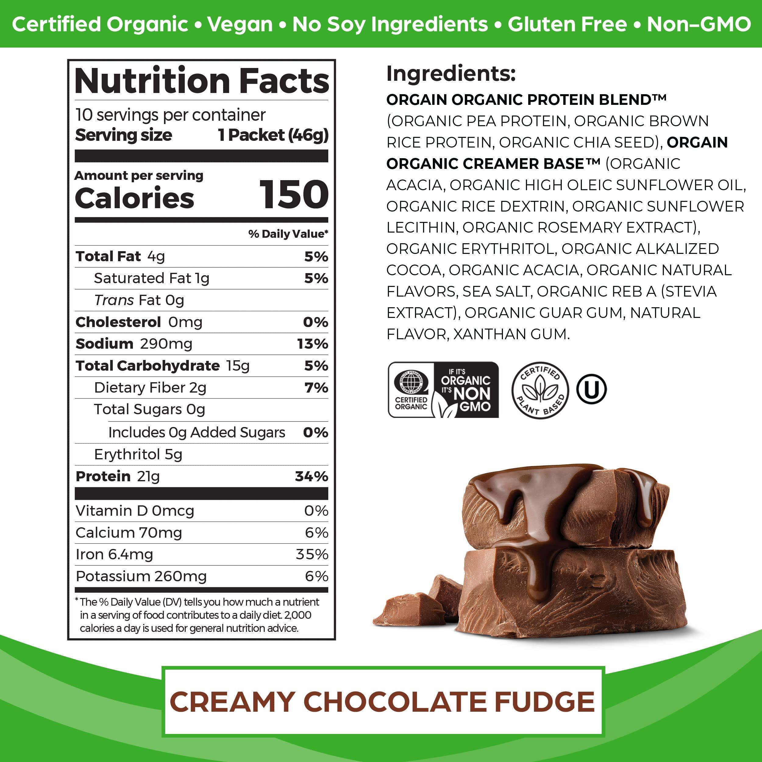 Orgain Orgain Organic Vegan Protein Powder, Creamy Chocolate Fudge - 21g Plant Protein, 6g Prebiotic Fiber, Low Carb, No Lactose Ingredients, No Added Sugar, Non-GMO, For Shakes & Smoothies, 10 Travel Packs