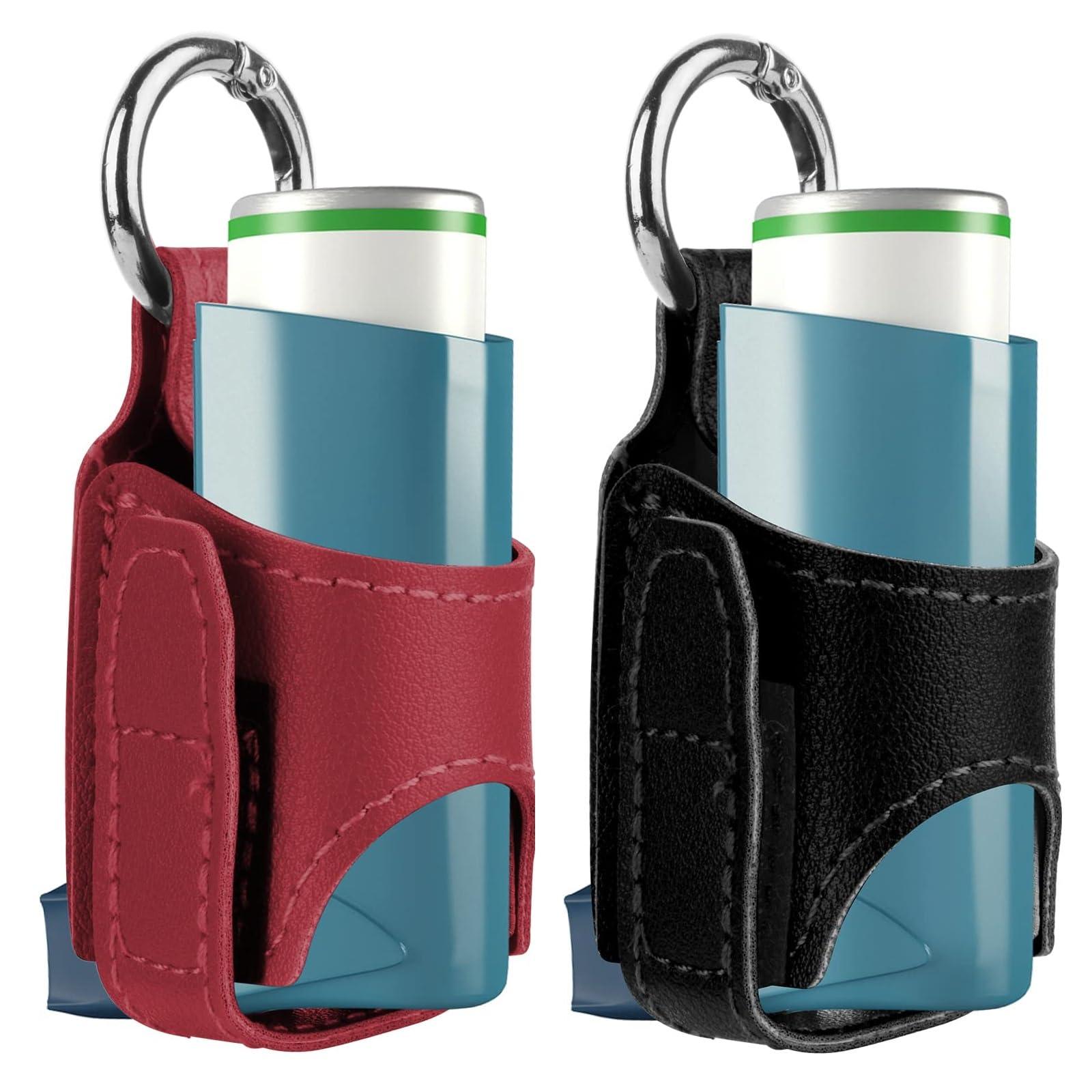 Beautyflier Beautyflier 2PCS Asthma Inhaler Holder Keychain PU Leather Travel Handy Holder for Adults and Kids, Inhaler Not Included (Black + Scarlet)