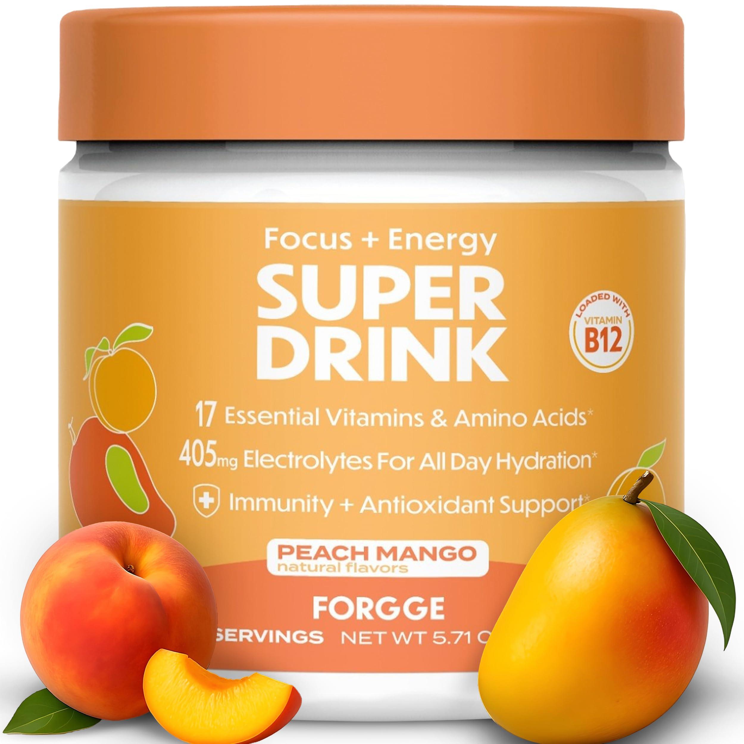 Forgge Forgge Focus Energy Drink Powder - Lions Mane, Alpha-GPC, L-Theanine and Nootropics for Focus - Vitamins + Electrolytes - Natural Caffeine, Sugar Free (Peach Mango)