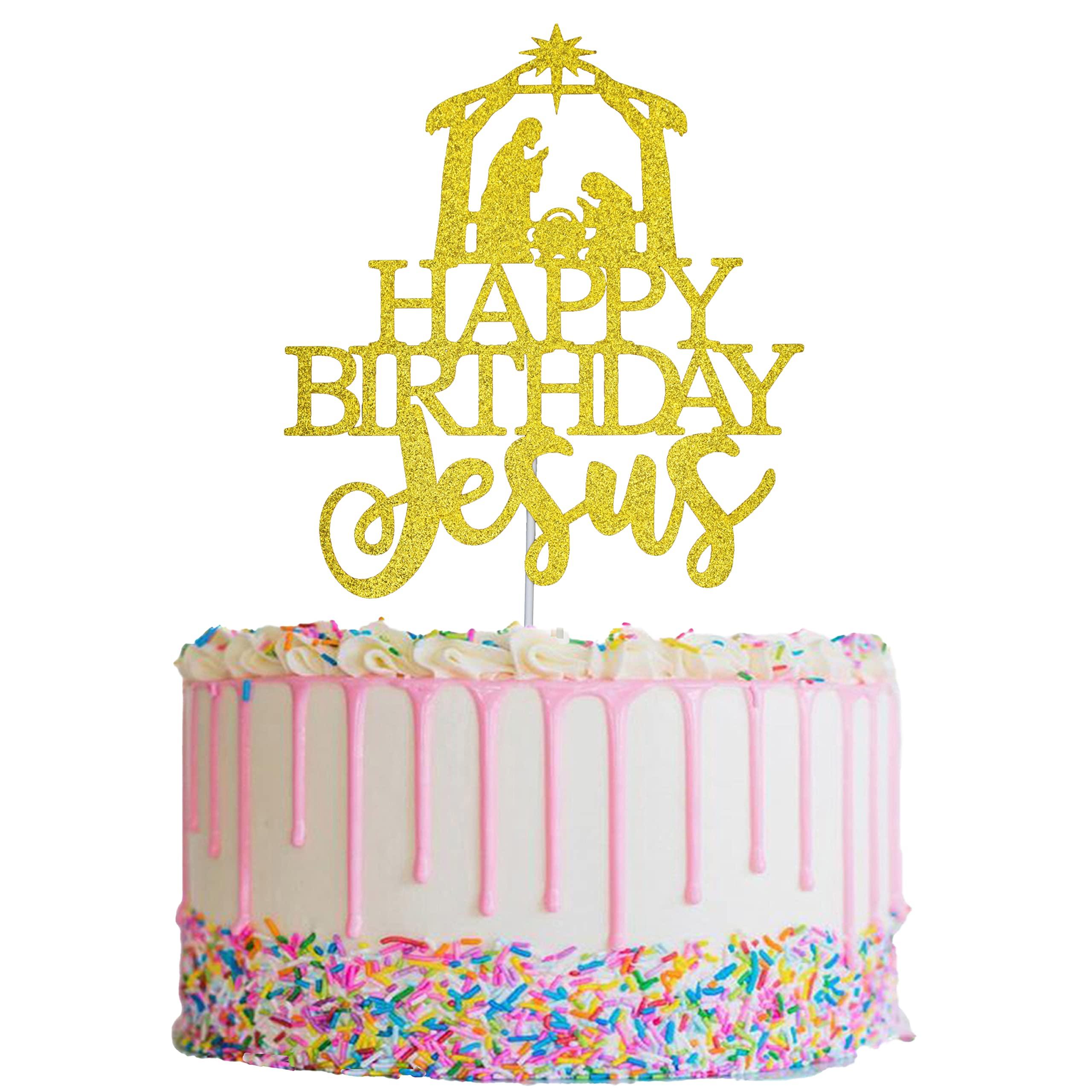 Deneo Happy Birthday Jesus Cake Topper, Gold Glitter Jesus Birthday Cake Decorations, Jesus is Reason for the Season for Nativity Scene Christmas Birthday Party Decorations, Christmas Religious Decorations