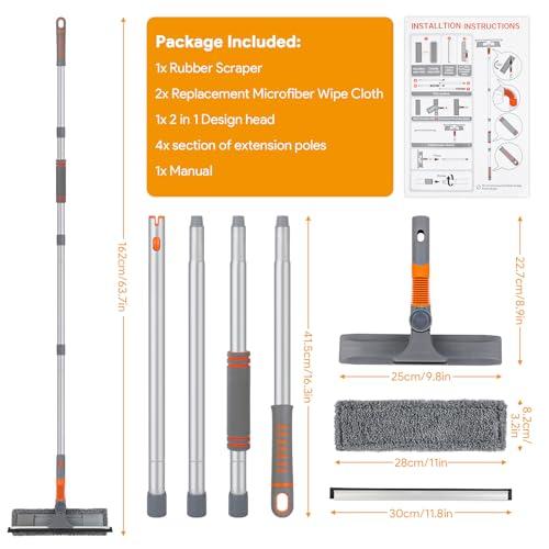 Lshfjnd Window Squeegee Cleaner, 2 in 1 Window Washer Cleaning Kit with Extension Pole, Window Washing Equipment with Bendable Head, Glass Cleaning Tools for Indoor/Outdoor High Window