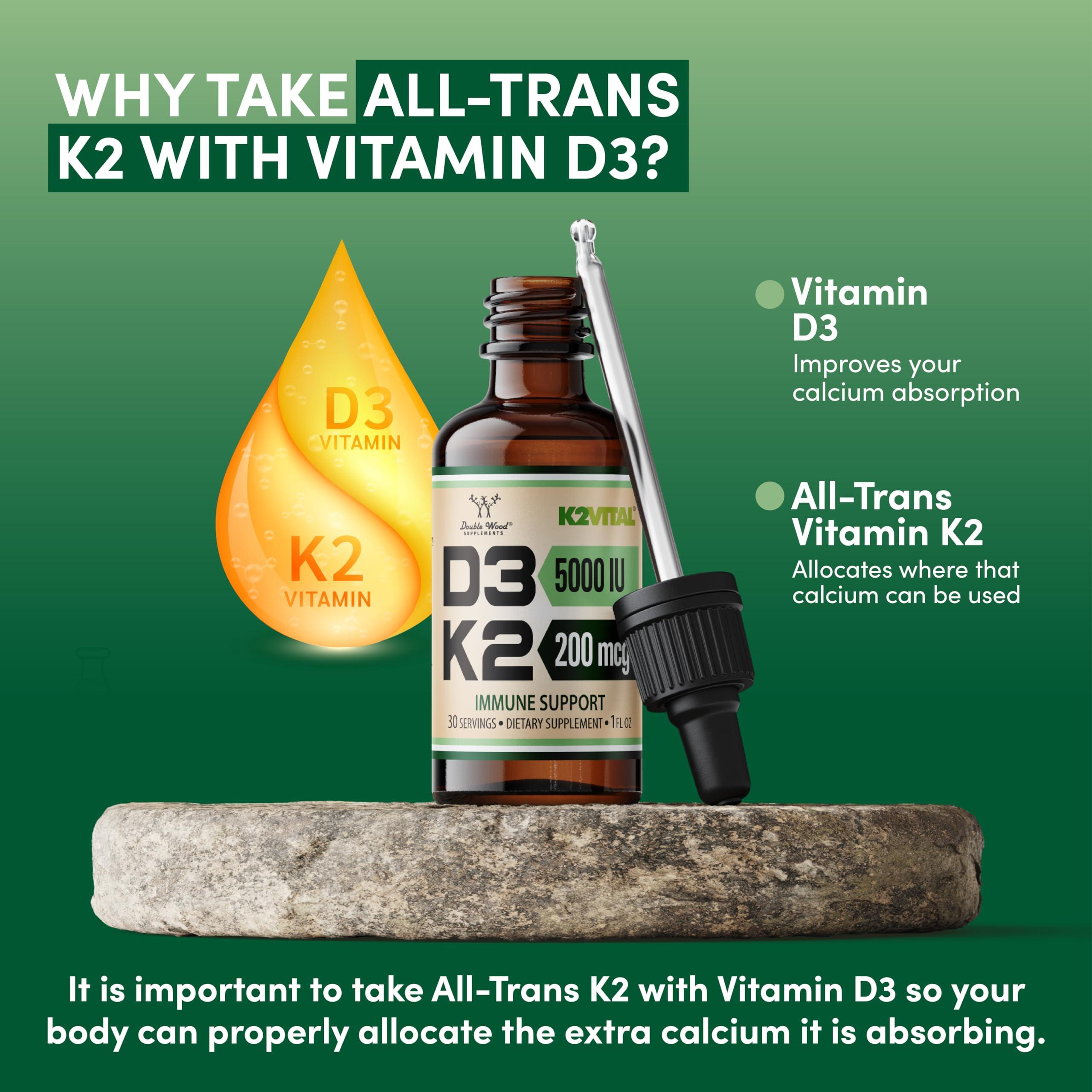 Double Wood Supplements Vitamin D3 K2 5,000 IU Liquid Drops (5,000 IU of D3 and 200mcg of 99.9% All-Trans Patented K2 MK-7 (K2Vital)) Max Absorption Liquid Vitamin D Drops (30 Servings) by Double Wood