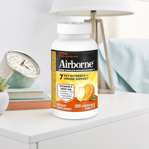 Airborne Airborne 1000mg Chewable Tablets with Zinc, Immune Support Supplement with Powerful Antioxidants Vitamins A C & E - 200 Tablets, Citrus Flavor