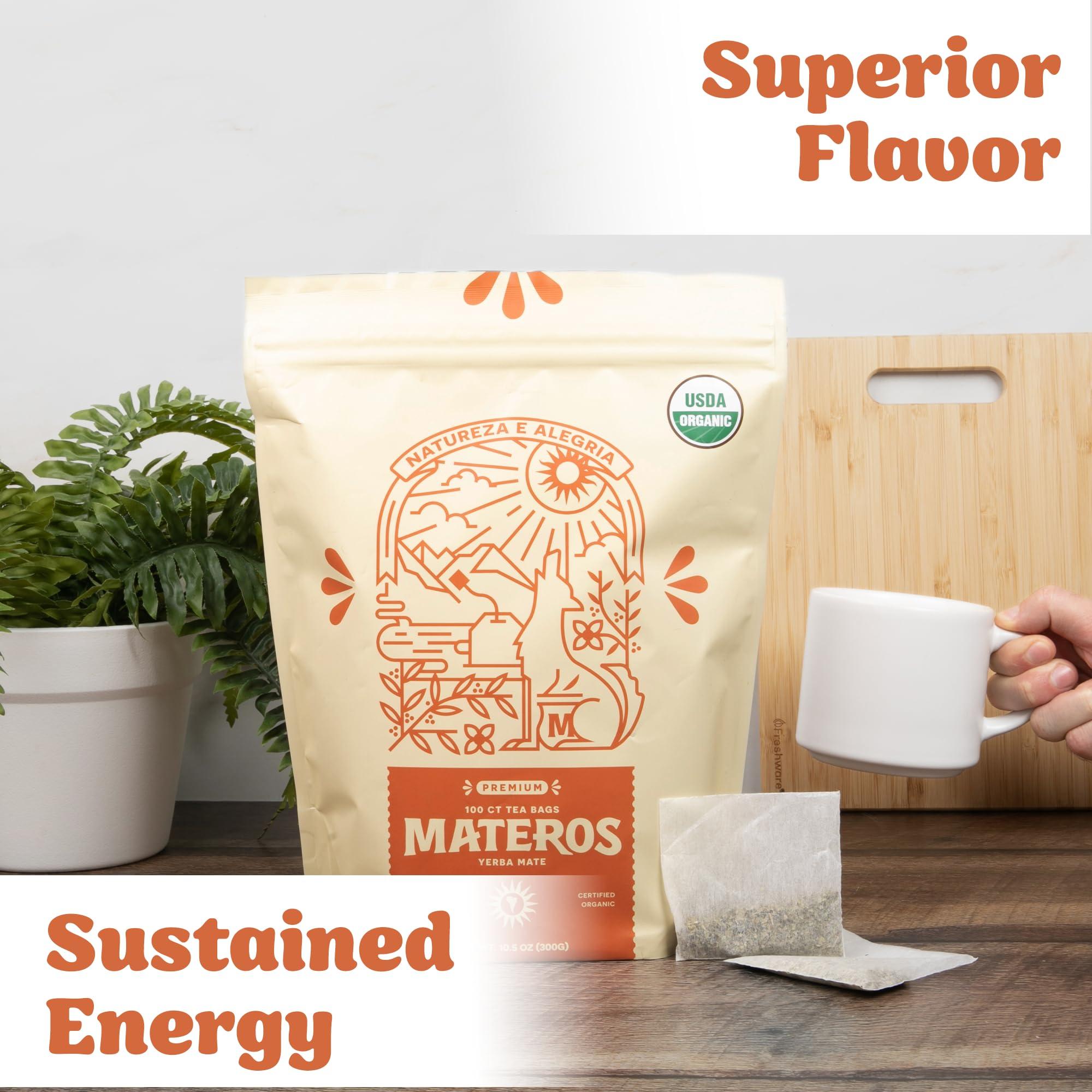 Materos Yerba Mate Loose Leaf Tea Bags, 100 Count Yerba Mate Tea Bag, 100% Organic, Premium Quality Yerba Mate Organic, Unsmoked & Aged, Large Caffeinated Herbal Yerba Mate Tea Bags