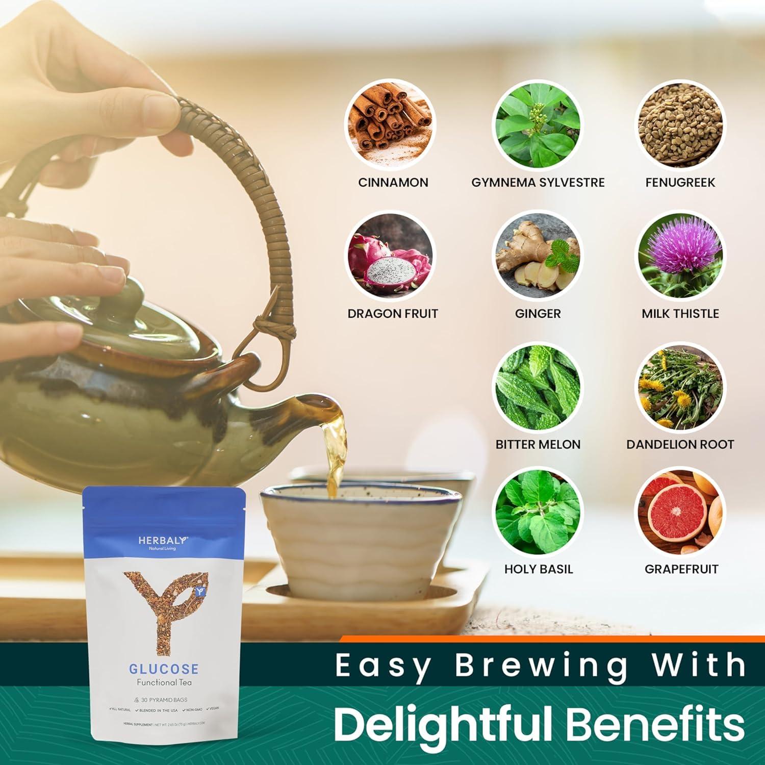 Herbaly Herbaly Glucose Functional Tea - Vitality & Wellness - Gymnema Sylvestre, Ceylon Cinnamon, Bitter Melon, Dandelion Root, Fenugreek - Daily Teas - Organic Plant-Based Tea Bag Pyramids - 30 ct