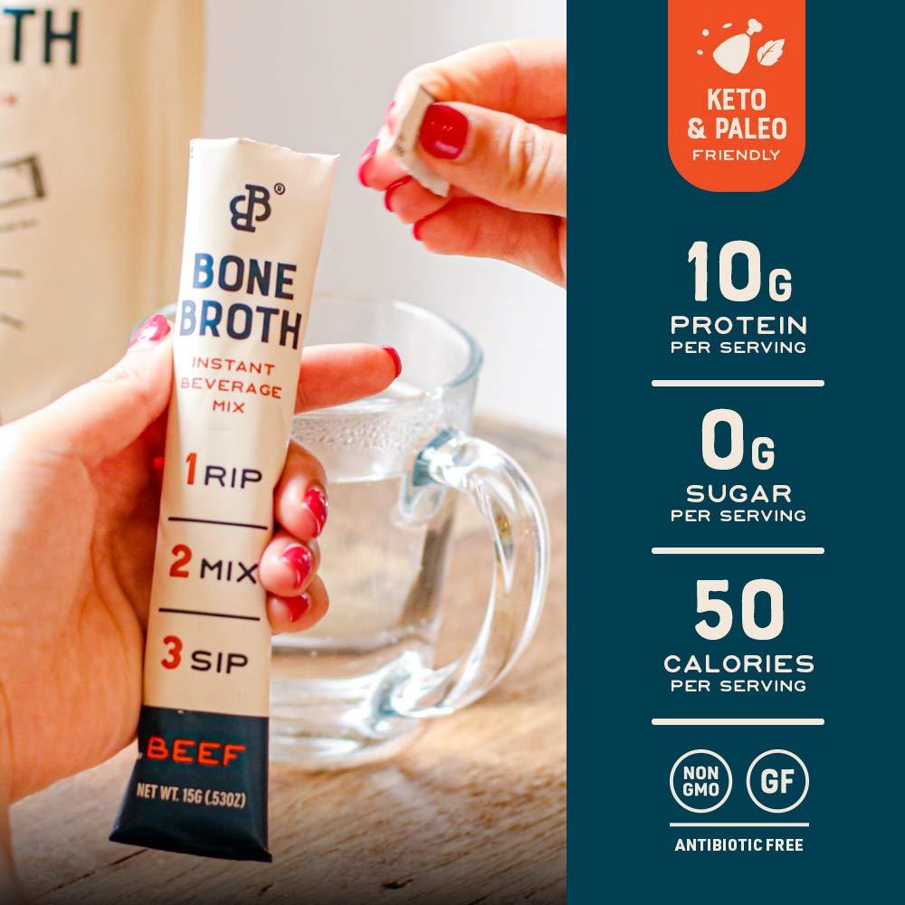 Bare Bones Bare Bones Beef Bone Broth Instant Powdered Mix | Rich Savory Packets on-the-Go No Artificial Flavors | 100% Grass Fed Keto & Paleo Friendly | Sticks 10g Protein | 32 Pack
