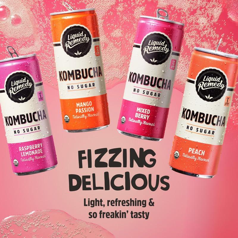 REMEDY Kombucha Liquid Remedy Kombucha Sugar Free Organic Drink, Low Calorie, Probiotic Like Tea for Gut Health - Super Sampler Variety Pack - 8.5 Fl Oz Can, 24-Pack