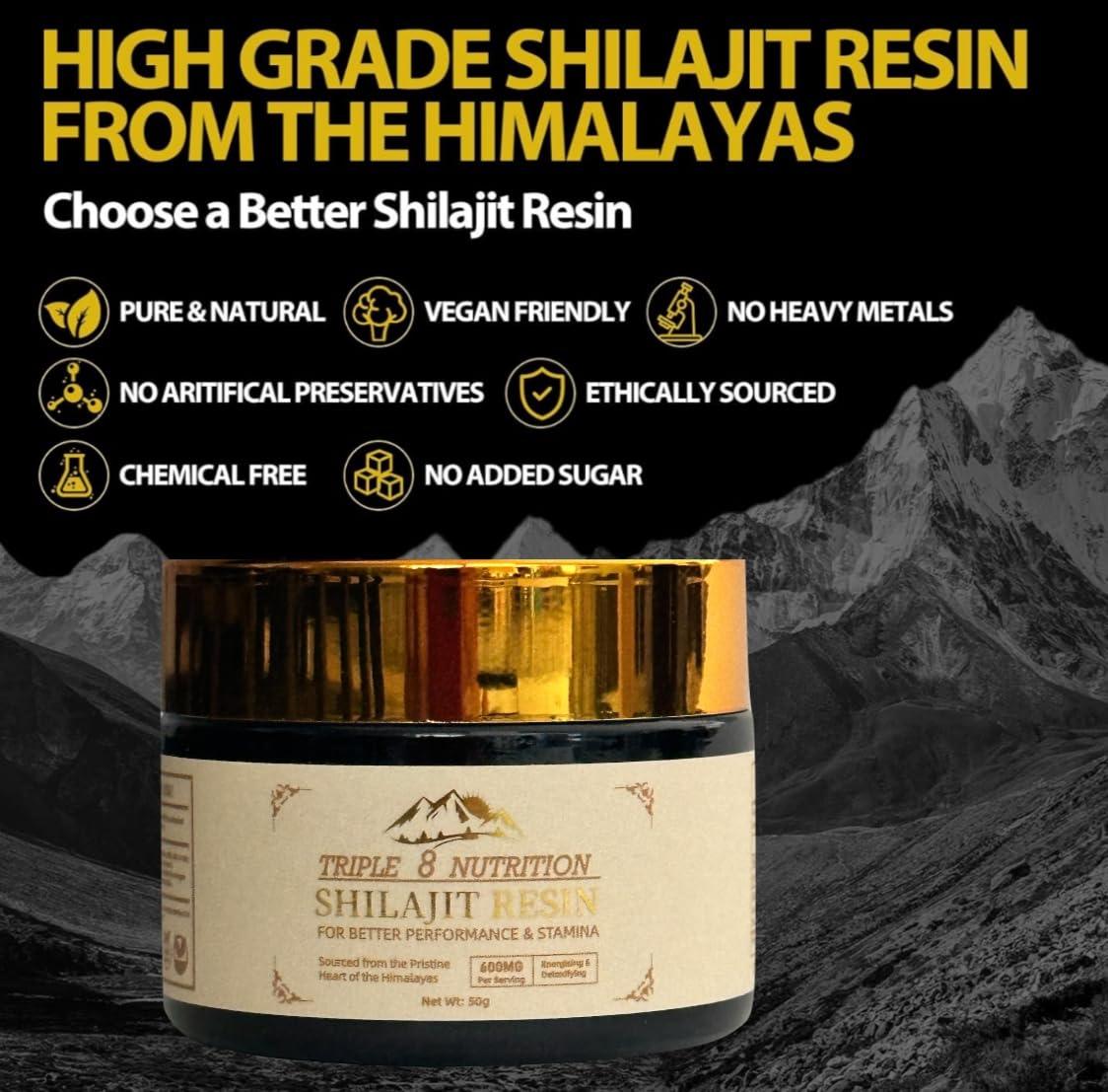 Triple 8 Nutrition Shilajit Resin 50g Bottle Absolutely Pure Wild Himalayan Authentic Natural Organic Fulvic Acid and 85+ Trace Minerals Most Potent for Men and Women Third Party Lab Tested ISO: 17025 Accredited USA