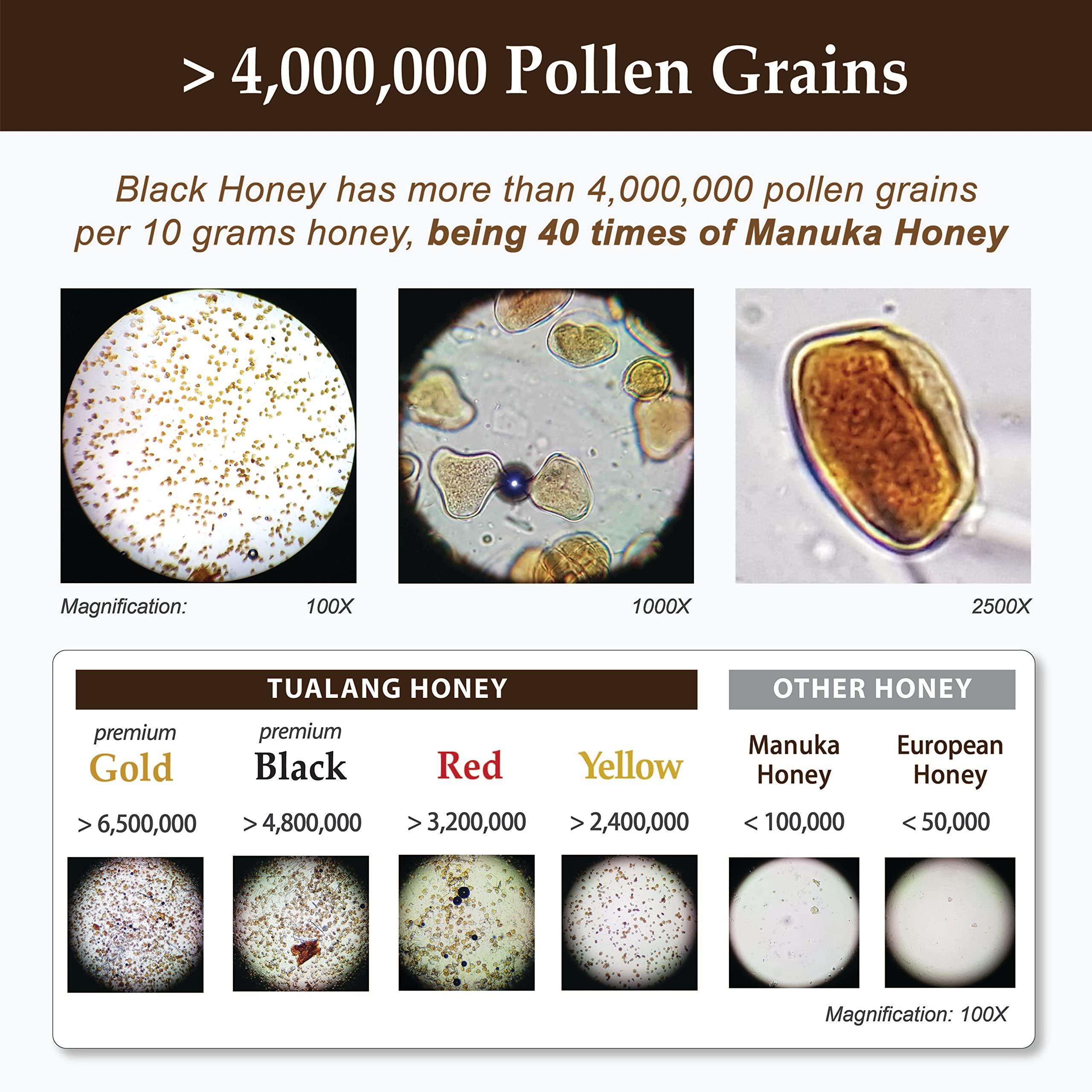 Health Harvest Tualang Black Honey 10oz (TA 11.5+, Pollen Count 4.0M+, Pollen Variety 100+) Intense Choice for Women Preservation, Wild-ripening on 250ft Treetop, Raw, Unpasteurised, Unfiltered