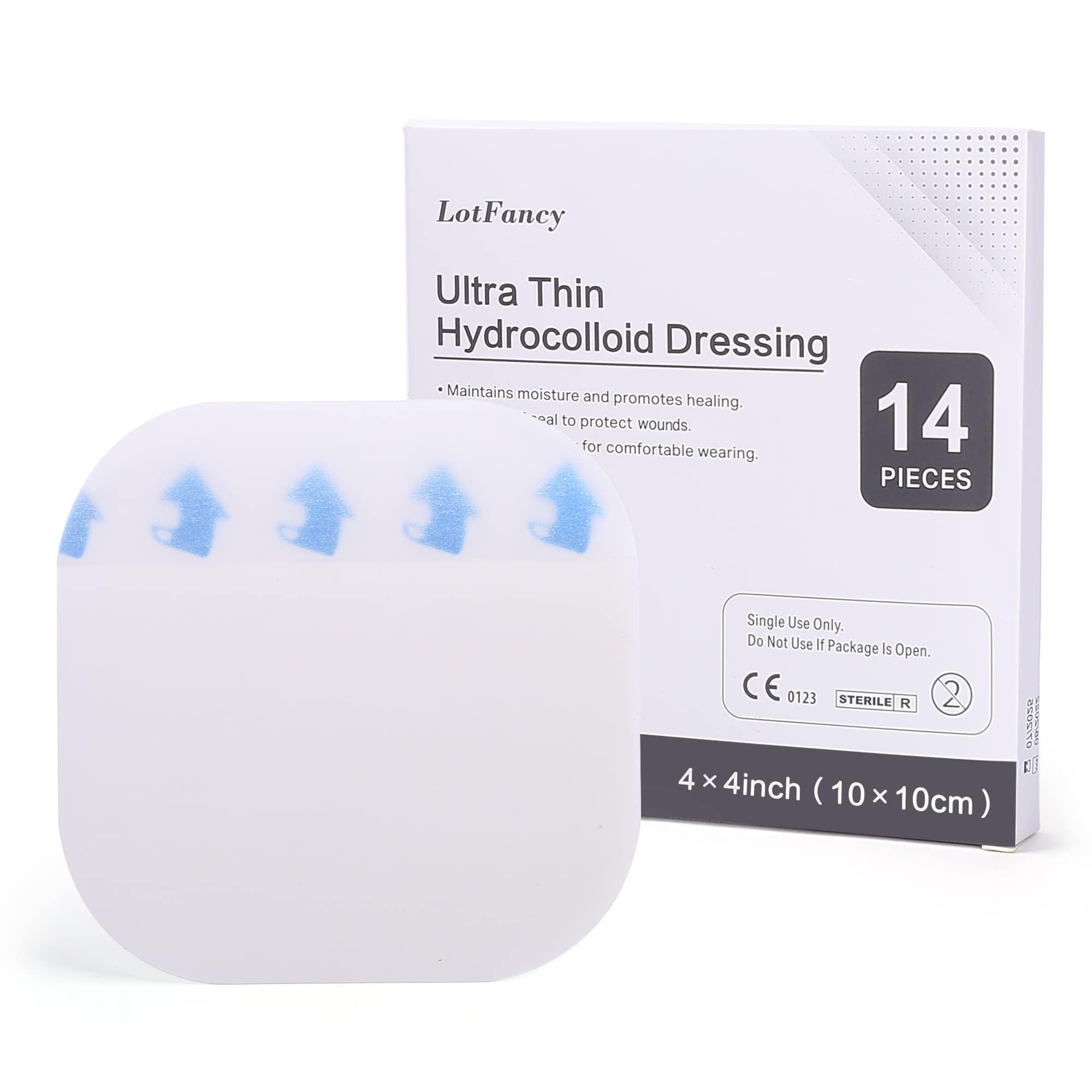 LotFancy LotFancy Hydrocolloid Bandages, 4x4, 14 Patches, Ultra Thin, FSA HSA Eligible, Large Hydrocolloid Dressing, Waterproof Wound Care Dressing Pad for Blister, Bed Sore, Burn, Pressure Ulcer Healing