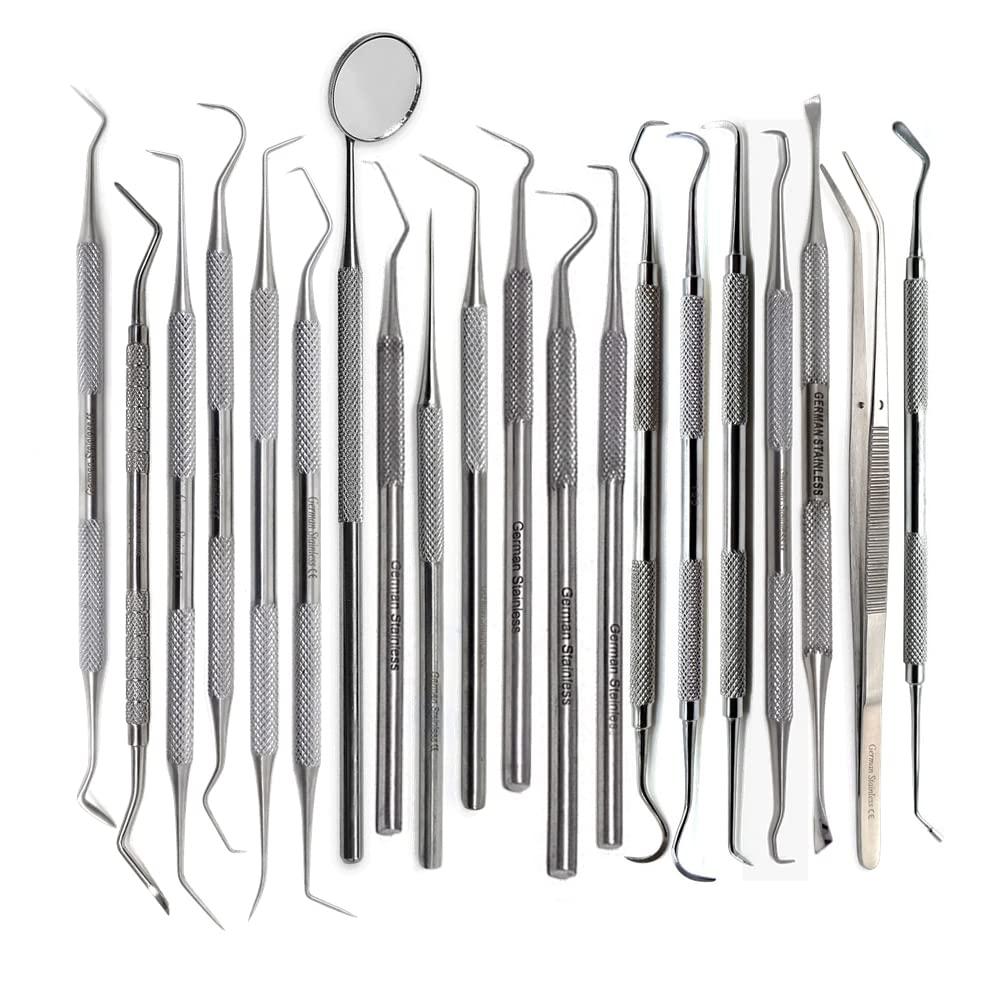 HIGH TECH INSTRUMENTS All in One 20 Pcs Teeth Cleaning Kit Made of Stainless Steel with Knurled Handles to Eliminate Bad Breath Improve Oral Health Professional Dentist Picks Tartar Stain Calculus Plaque Remover