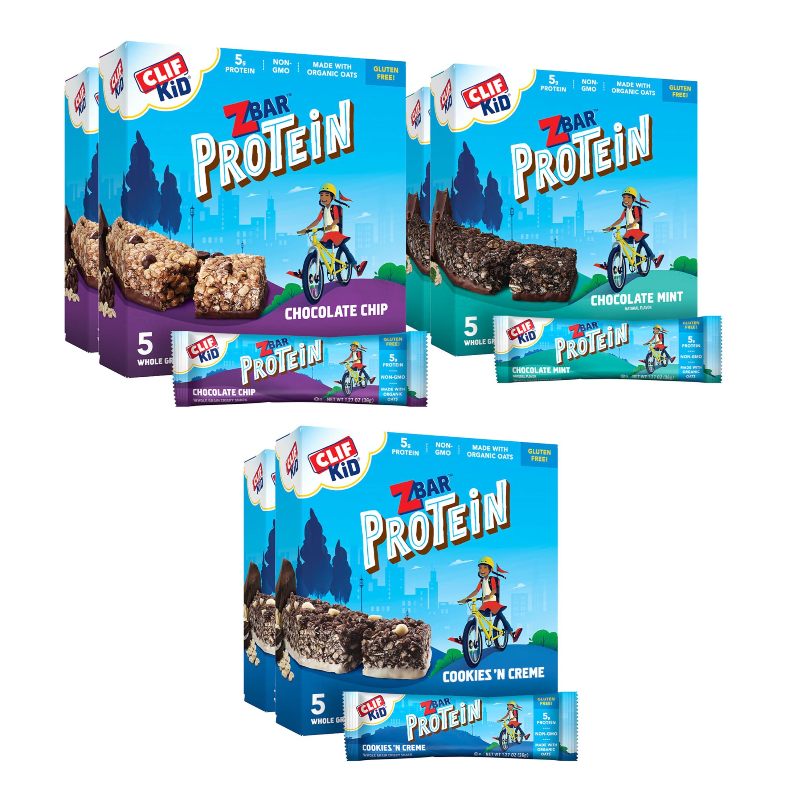 Clif Kid ZBar CLIF Kid Zbar Protein Bars - Chocolate Chip, Chocolate Mint, Cookies \'n Creme 30 Count & Chocolate Chip 15 Pack - 5g Protein per Bar