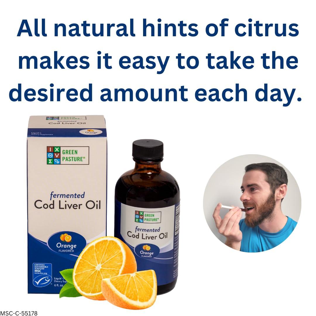 Green Pasture Green Pasture - Fermented Cod Liver Oil Liquid - 6 fl. oz. Vitamin A Vitamin D Omega 3 Omega 6 Omega 9 (6oz Orange)