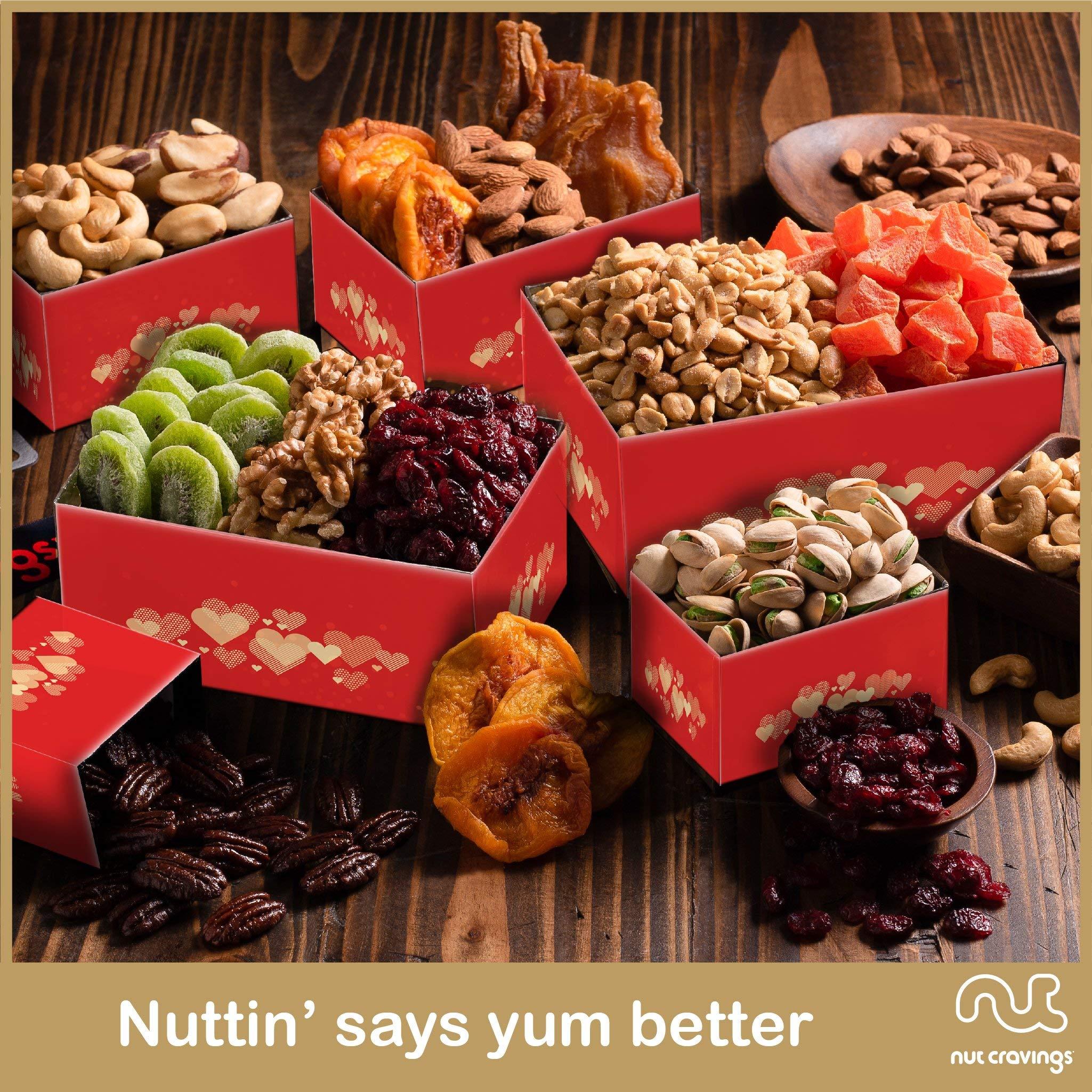 Nut Cravings NUT CRAVINGS Gourmet Collection - Valentines Day Dried Fruit & Mixed Nuts Gift Basket Red Tower + Heart Ribbon (12 Assortments) Galentines Arrangement Platter, Healthy Kosher USA Made Corporate